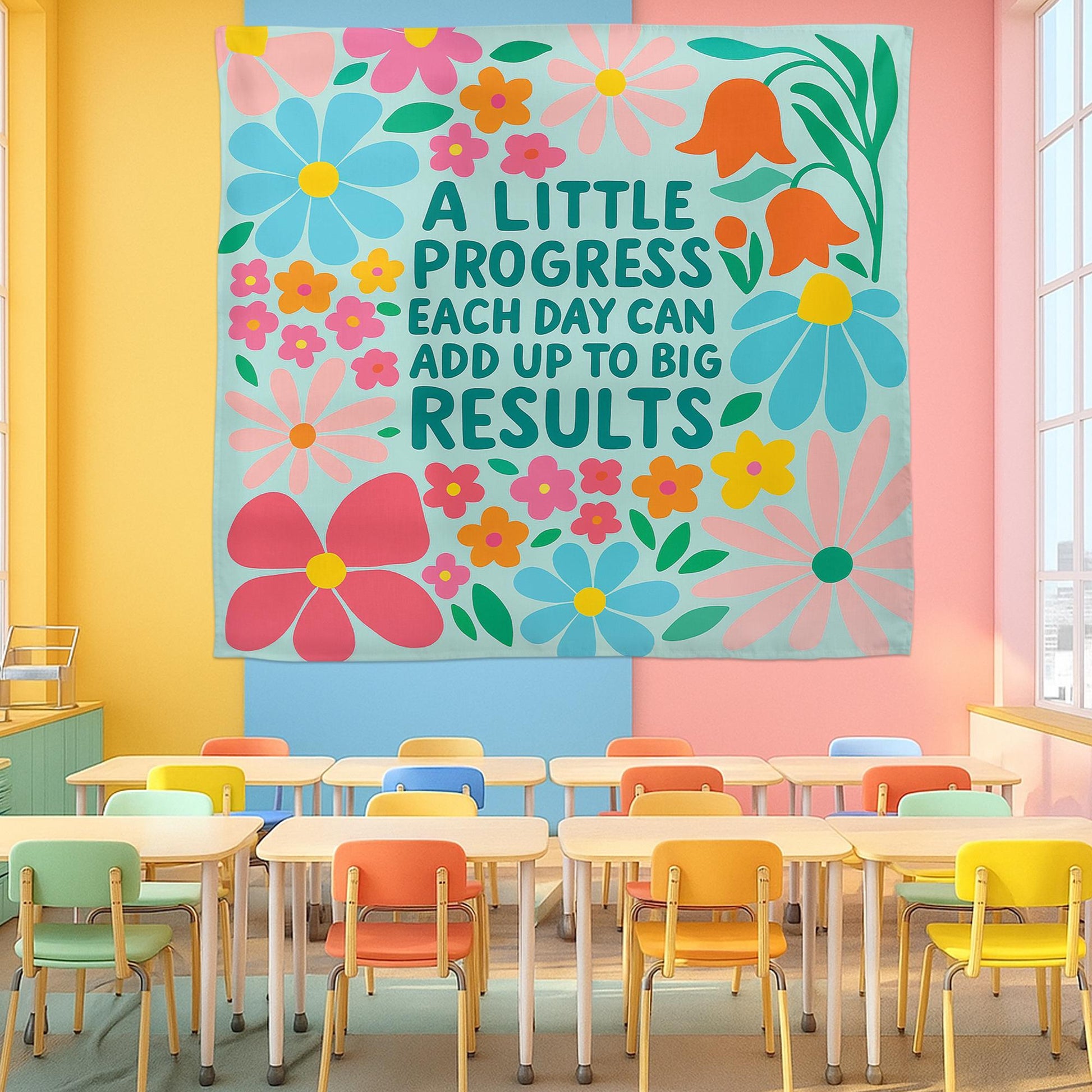 Motivational Classroom Tapestry, A Little Progress Each Quote, Floral Wall Decor for Teachers, Growth Mindset School Poster, Back To School