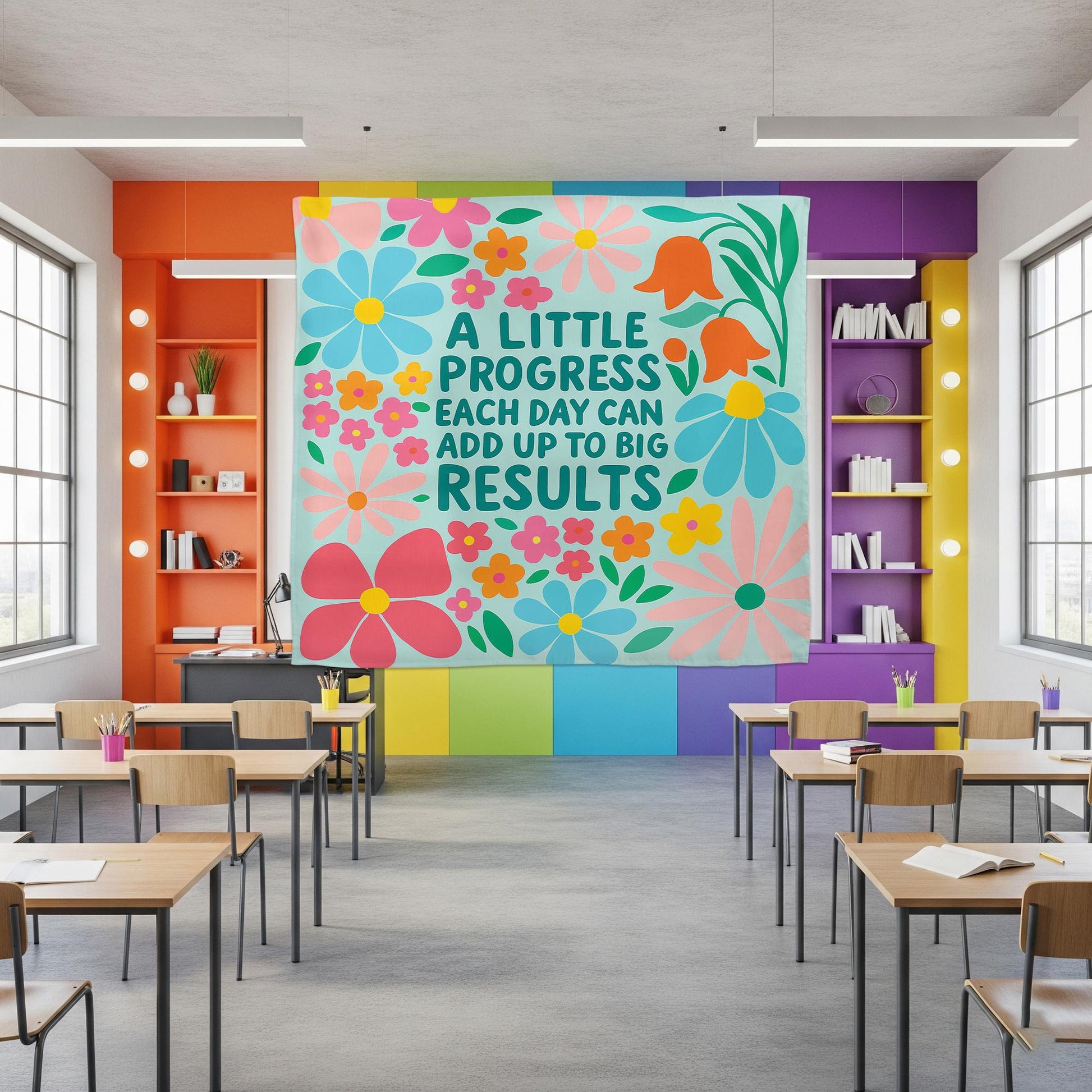 Motivational Classroom Tapestry, A Little Progress Each Quote, Floral Wall Decor for Teachers, Growth Mindset School Poster, Back To School