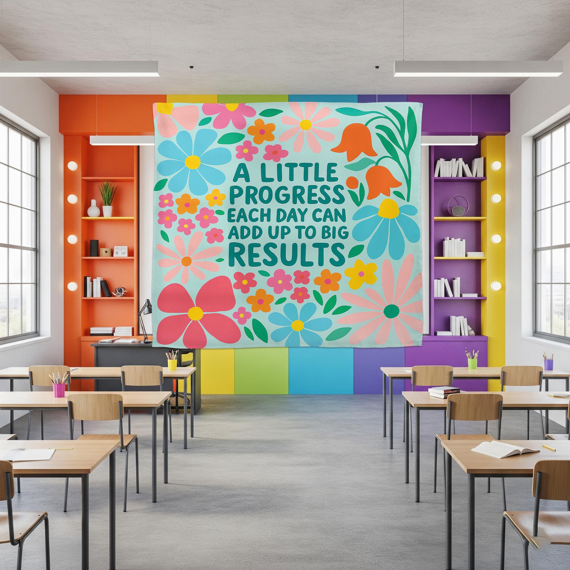 Motivational Classroom Tapestry, A Little Progress Each Quote, Floral Wall Decor for Teachers, Growth Mindset School Poster, Back To School
