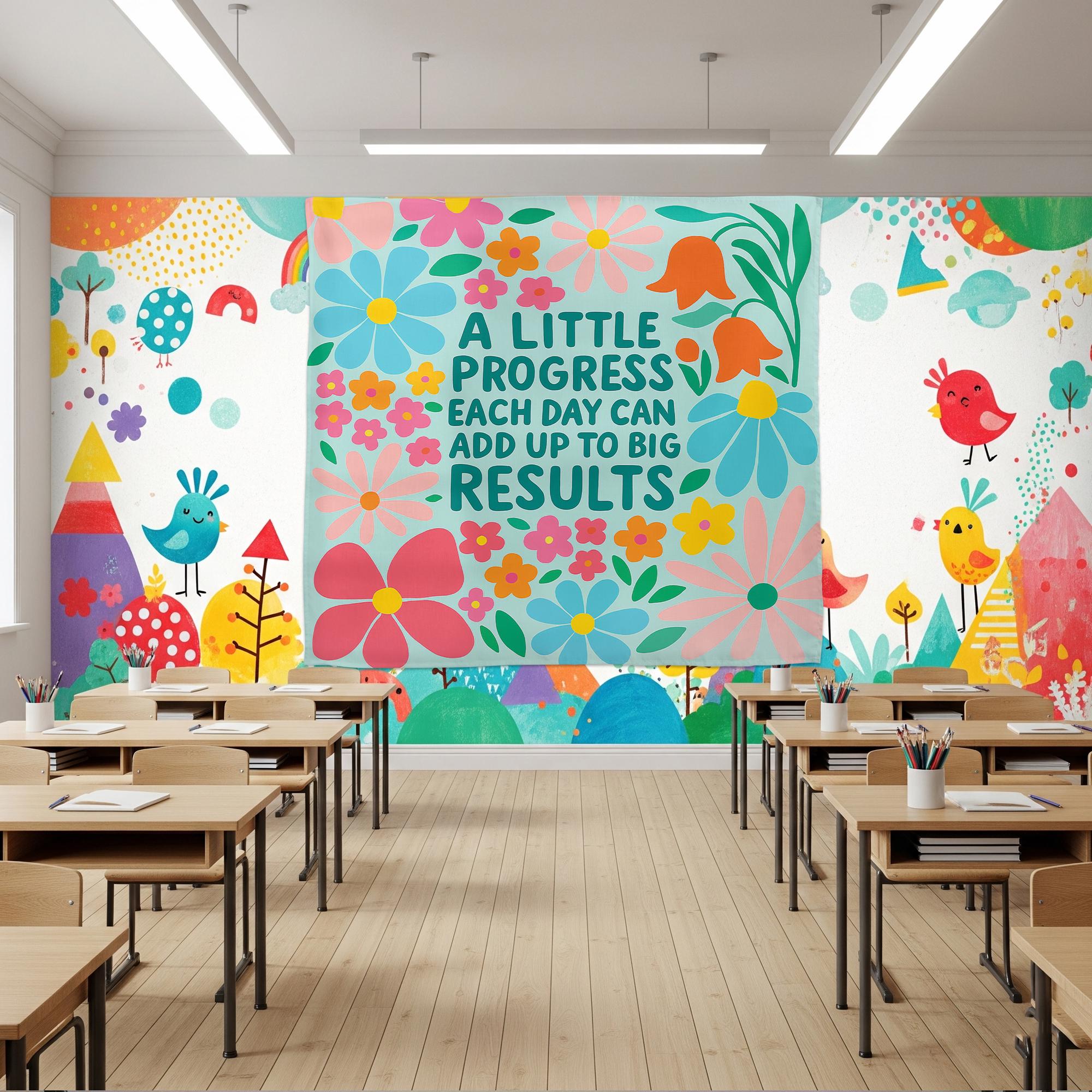 Motivational Classroom Tapestry, A Little Progress Each Quote, Floral Wall Decor for Teachers, Growth Mindset School Poster, Back To School
