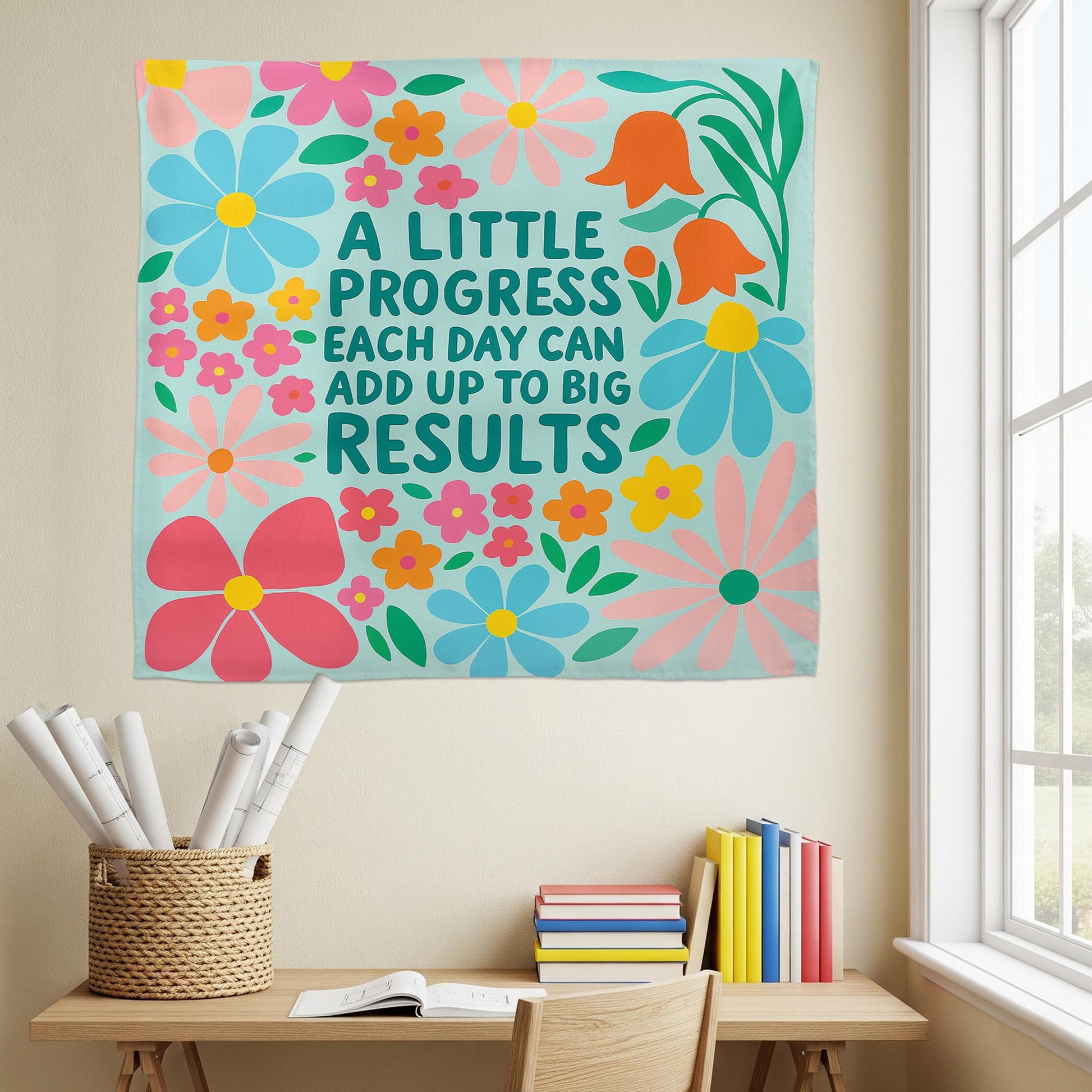 Motivational Classroom Tapestry, A Little Progress Each Quote, Floral Wall Decor for Teachers, Growth Mindset School Poster, Back To School