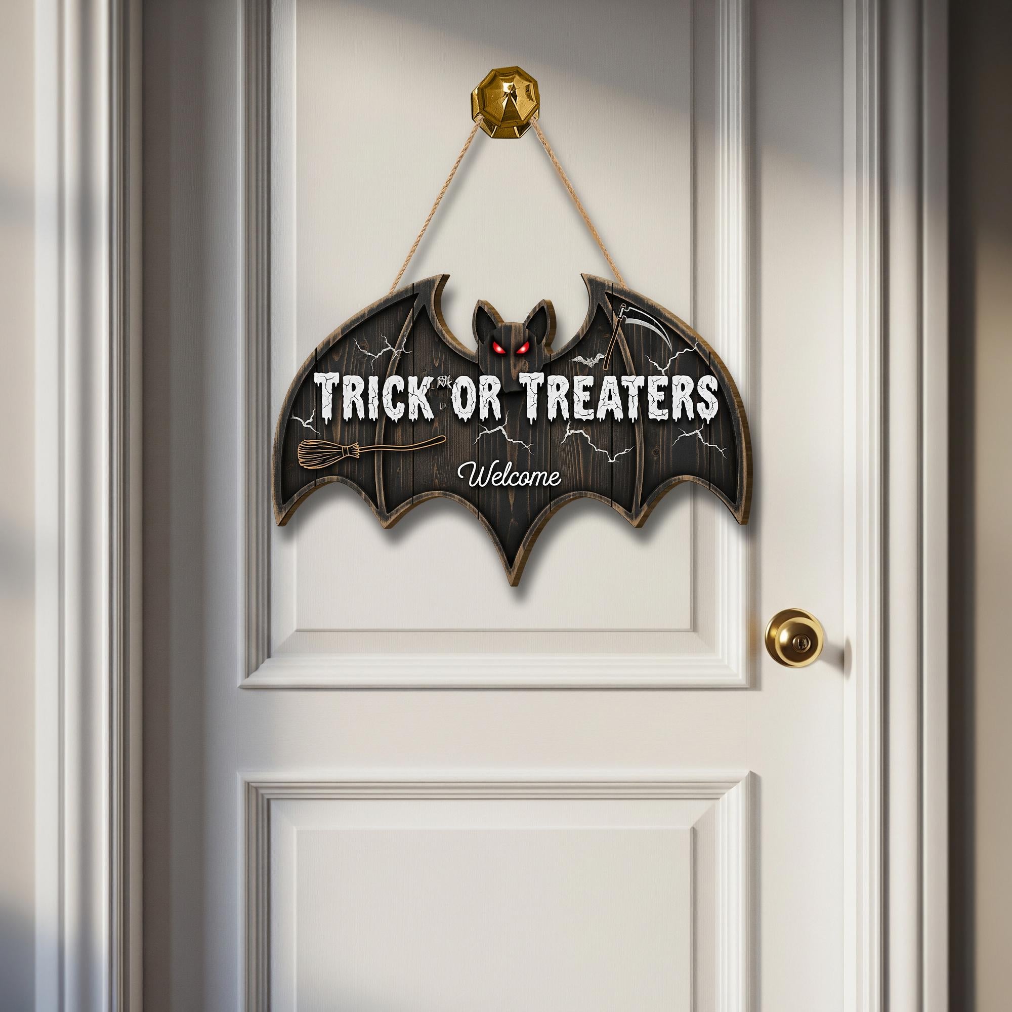 Trick or Treaters Welcome Bat Door Sign | Halloween Hanging Wall Decor | Cute Spooky Front Door Decoration for Kids & Guests