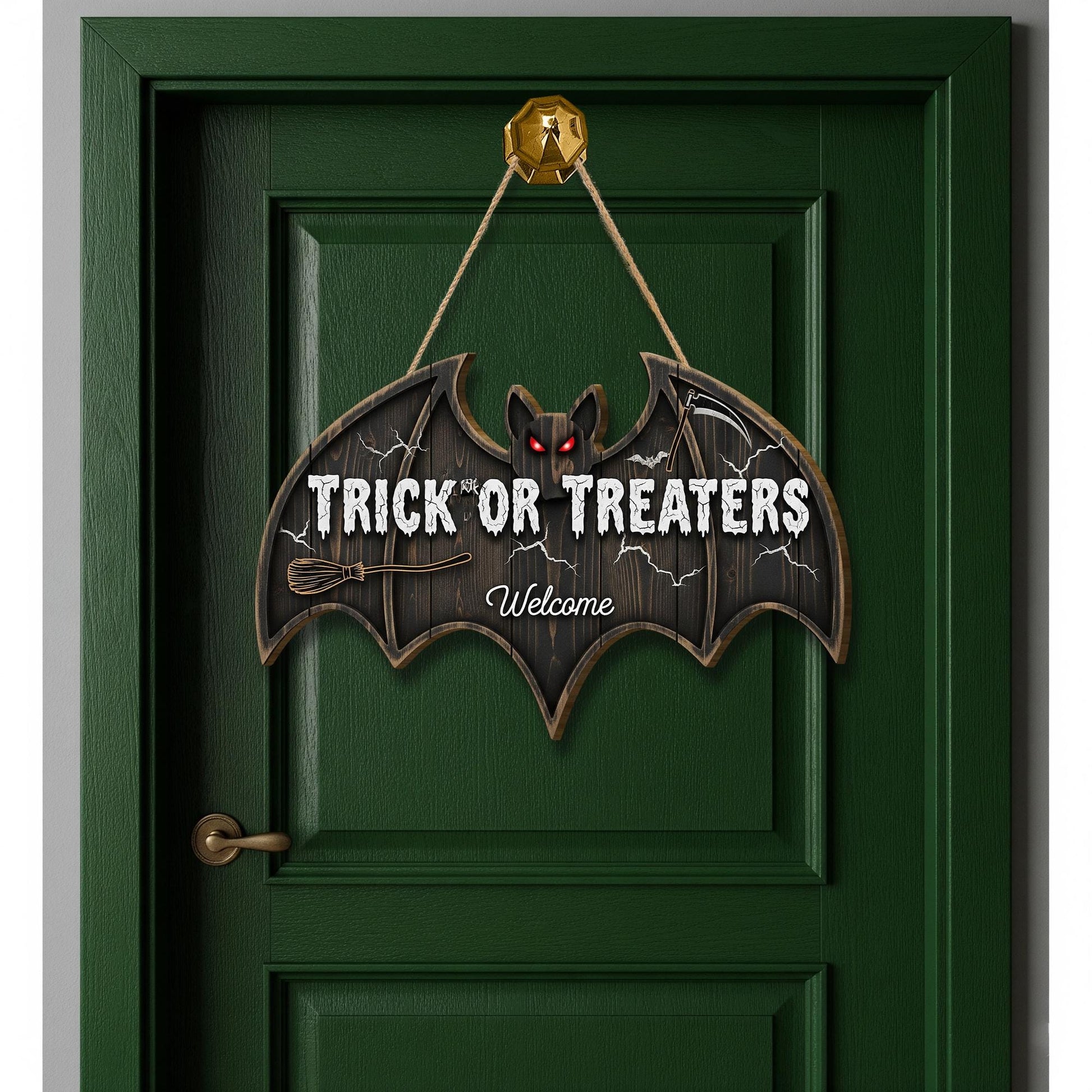 Trick or Treaters Welcome Bat Door Sign | Halloween Hanging Wall Decor | Cute Spooky Front Door Decoration for Kids & Guests