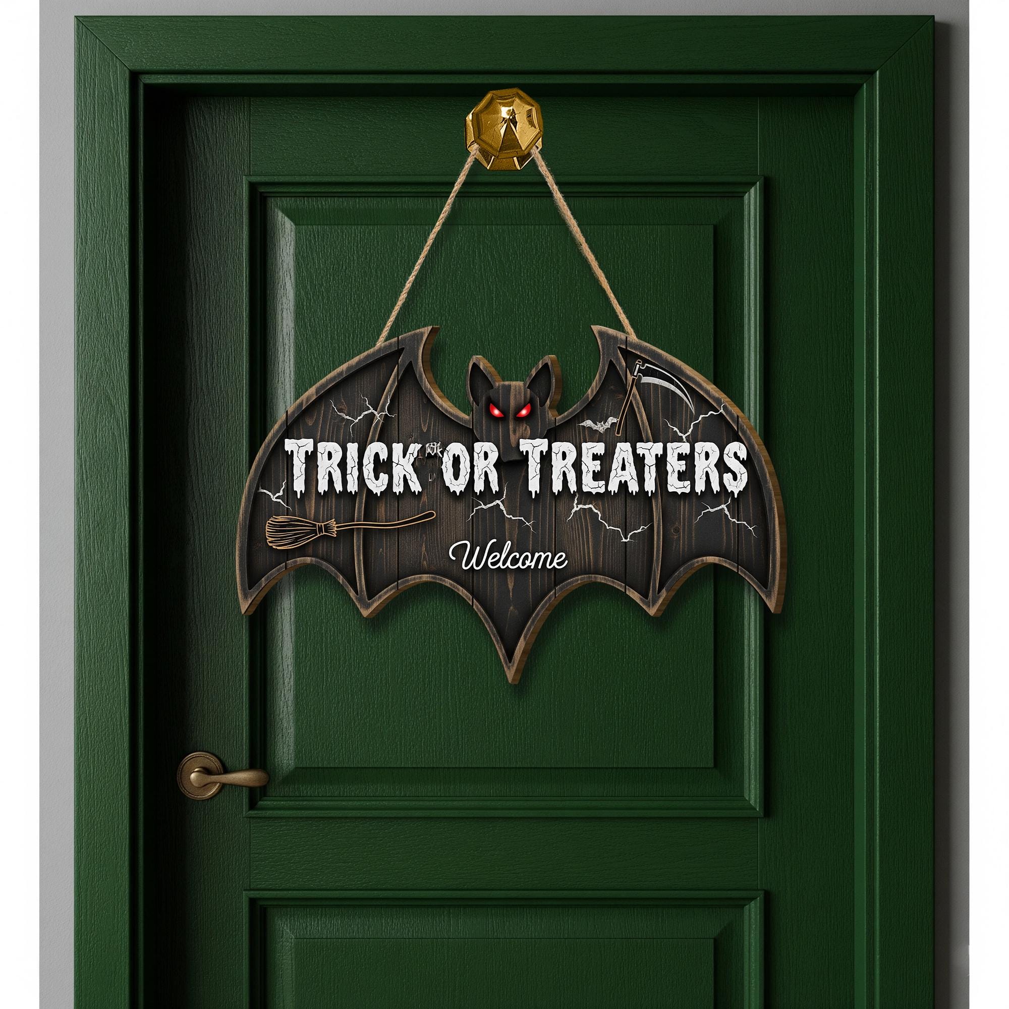 Trick or Treaters Welcome Bat Door Sign | Halloween Hanging Wall Decor | Cute Spooky Front Door Decoration for Kids & Guests