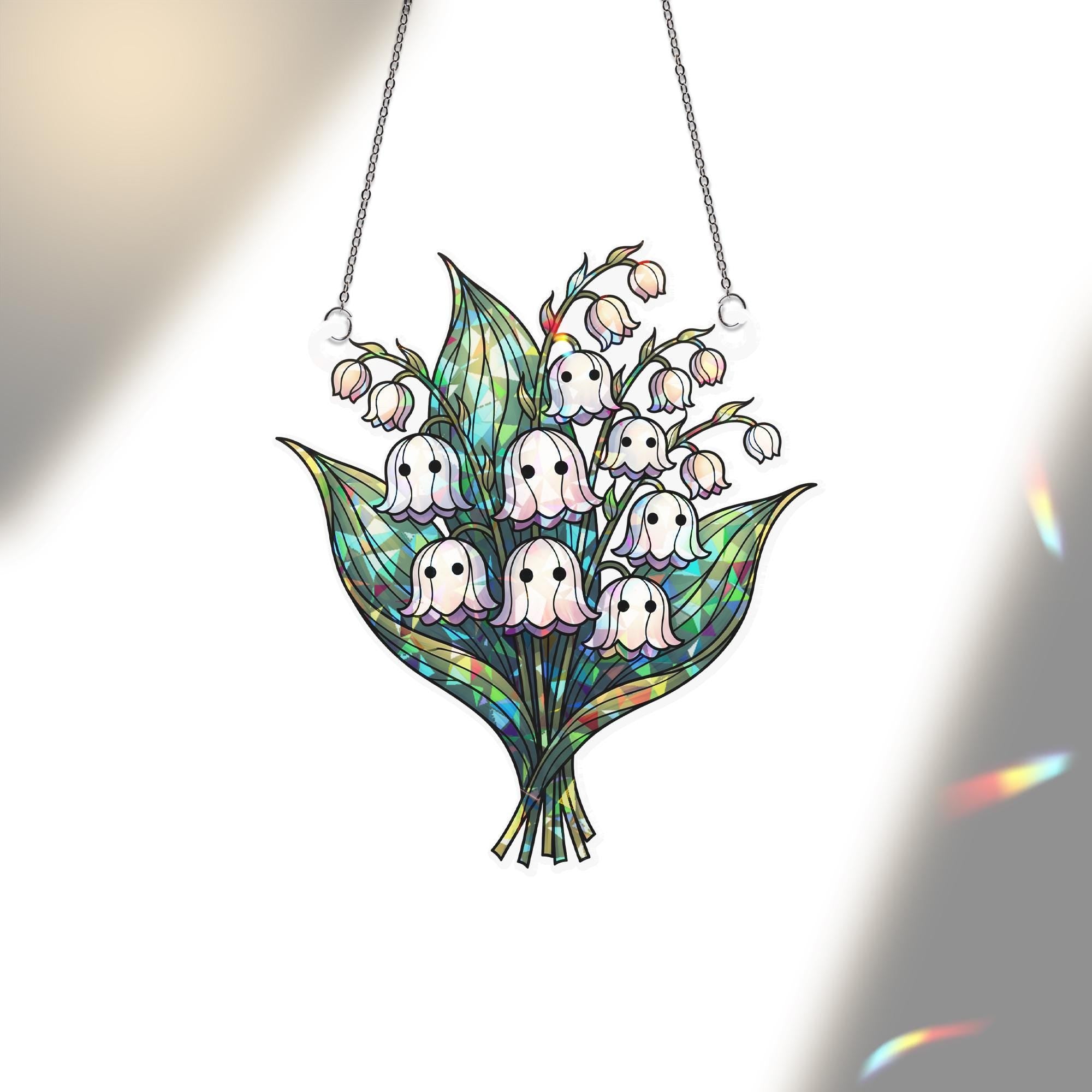 Ghost Lily Flower Window Hanging, Spooky Floral Suncatcher Decor, Halloween Ghost Plant Hologram Gift, Cute Gothic Glass Art