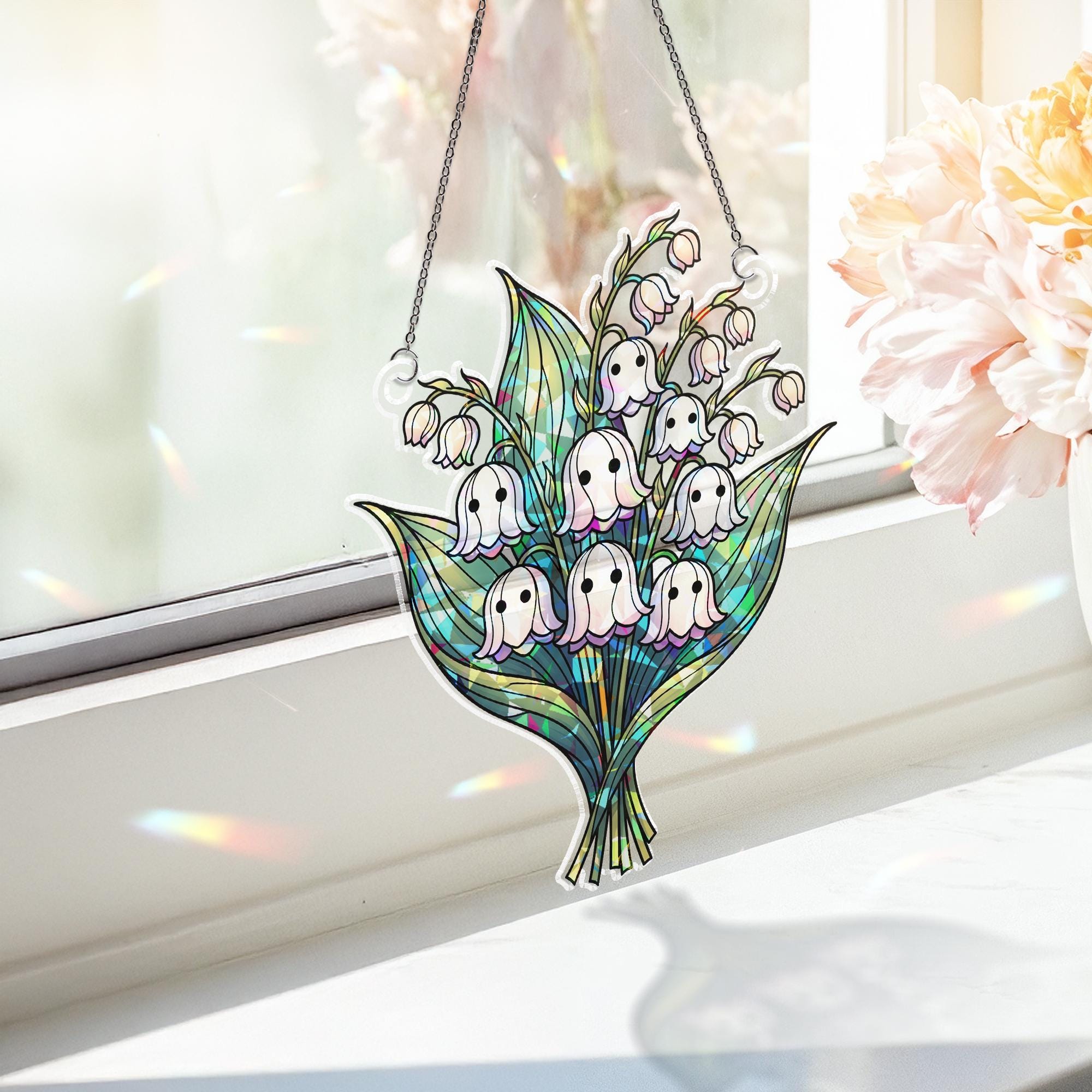 Ghost Lily Flower Window Hanging, Spooky Floral Suncatcher Decor, Halloween Ghost Plant Hologram Gift, Cute Gothic Glass Art