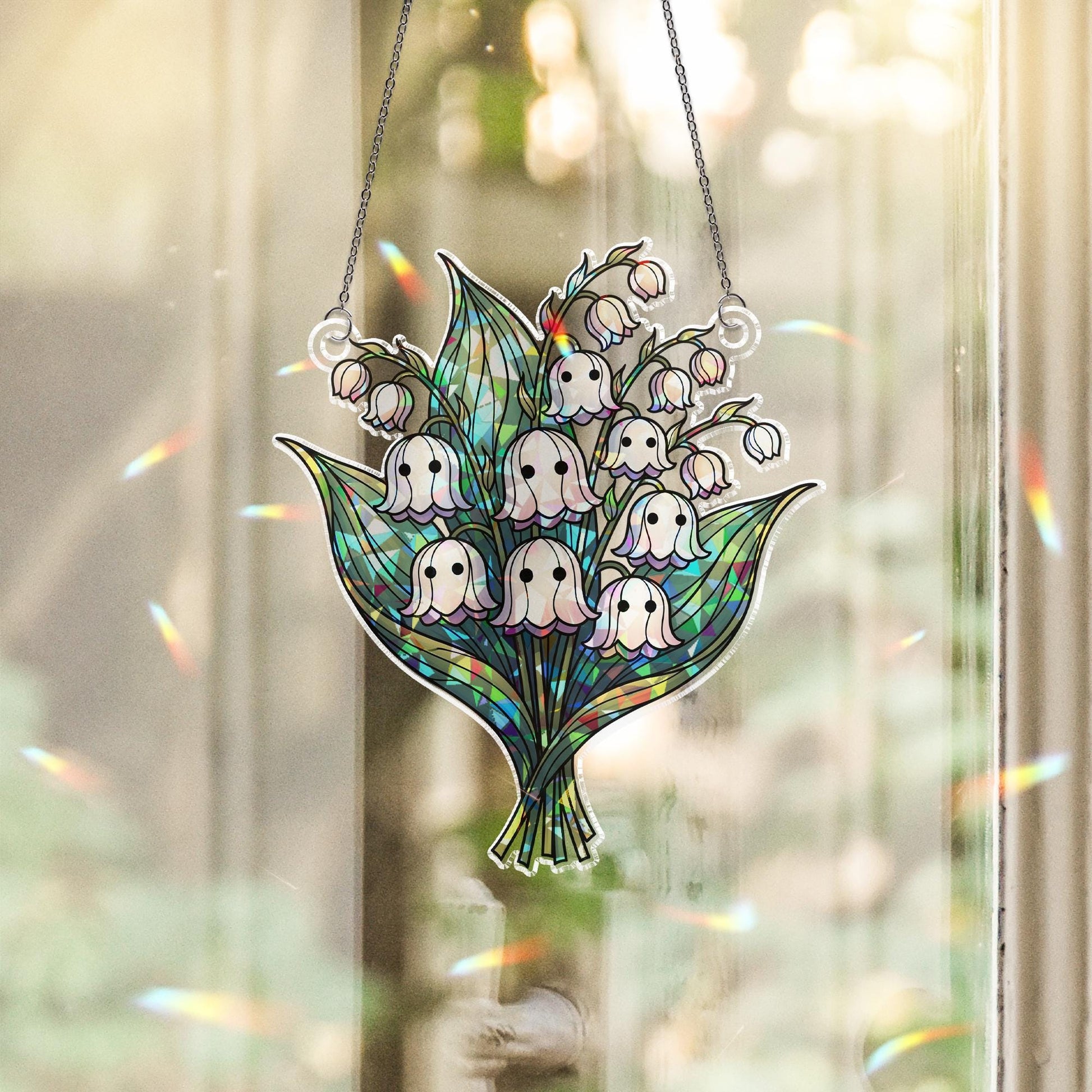 Ghost Lily Flower Window Hanging, Spooky Floral Suncatcher Decor, Halloween Ghost Plant Hologram Gift, Cute Gothic Glass Art