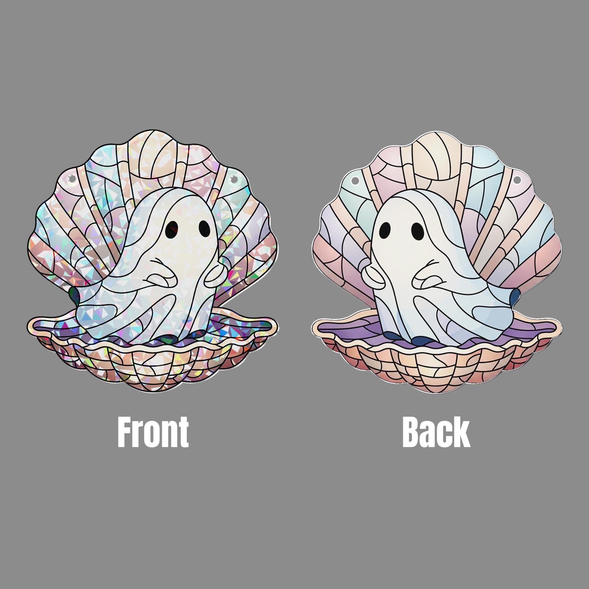 Ghost in Shell Window Hanging, Spooky Sea Pearl Ghost Suncatcher, Cute Hologram Ocean Decor, Halloween Stained Glass Art