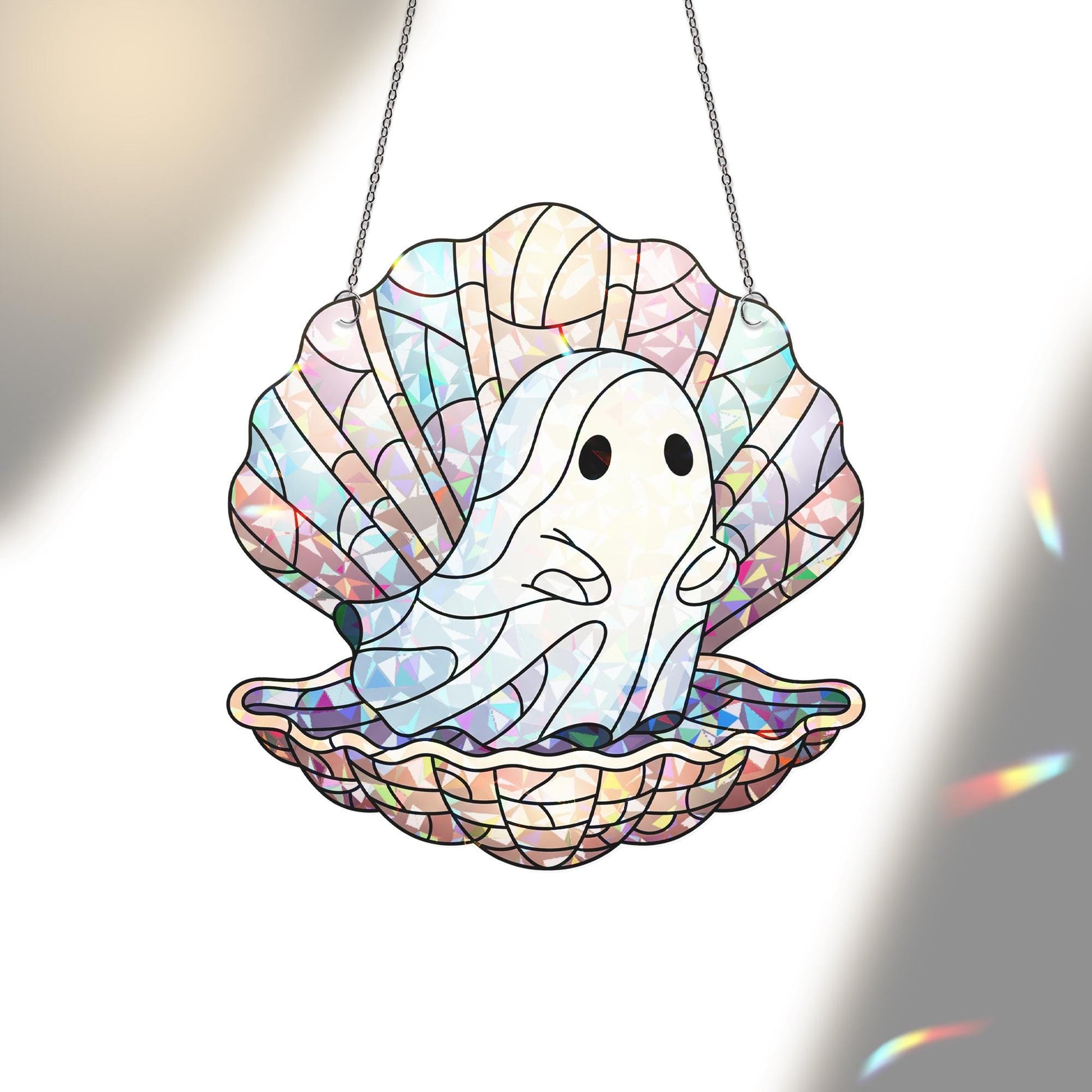 Ghost in Shell Window Hanging, Spooky Sea Pearl Ghost Suncatcher, Cute Hologram Ocean Decor, Halloween Stained Glass Art