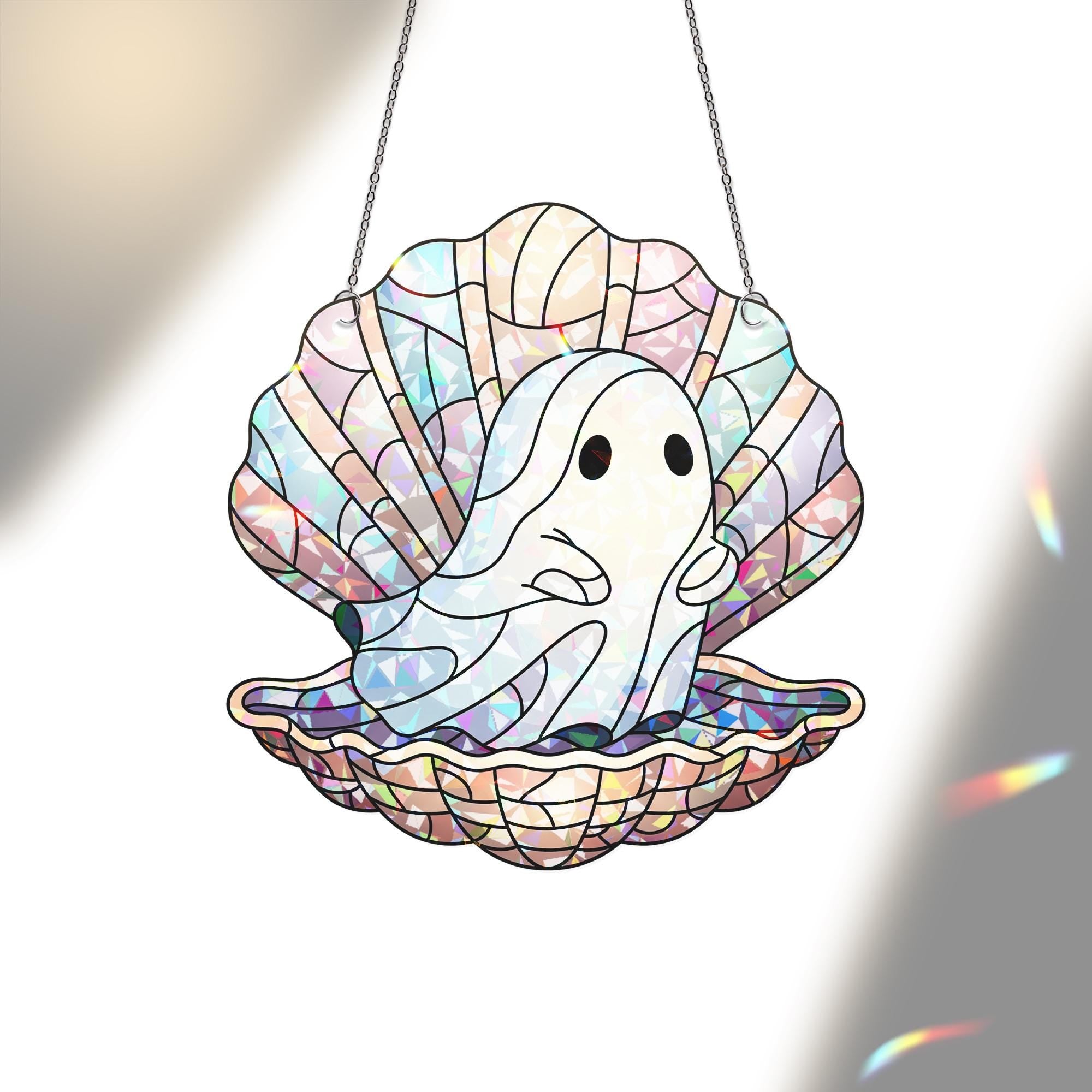 Ghost in Shell Window Hanging, Spooky Sea Pearl Ghost Suncatcher, Cute Hologram Ocean Decor, Halloween Stained Glass Art