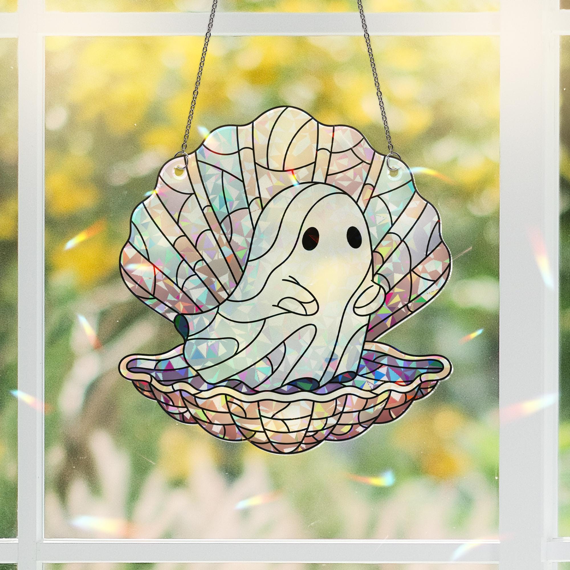 Ghost in Shell Window Hanging, Spooky Sea Pearl Ghost Suncatcher, Cute Hologram Ocean Decor, Halloween Stained Glass Art