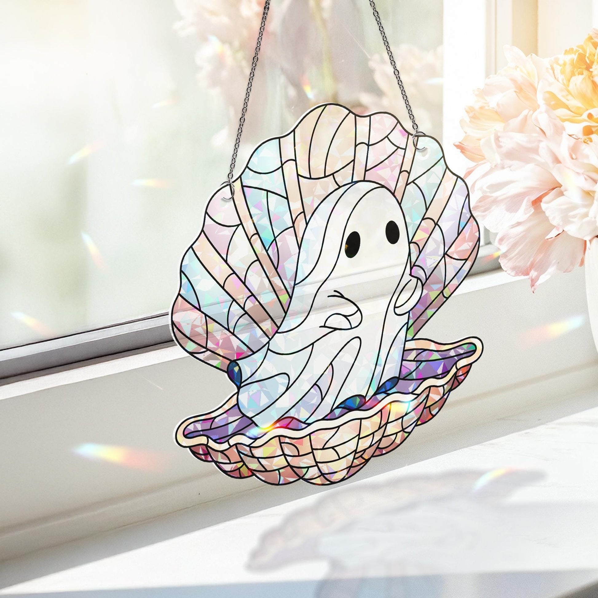 Ghost in Shell Window Hanging, Spooky Sea Pearl Ghost Suncatcher, Cute Hologram Ocean Decor, Halloween Stained Glass Art