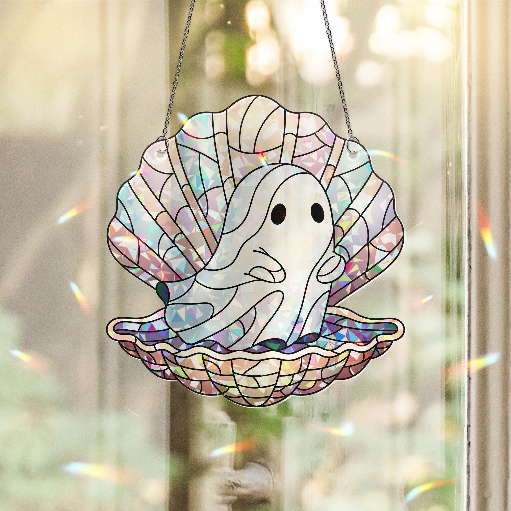 Ghost in Shell Window Hanging, Spooky Sea Pearl Ghost Suncatcher, Cute Hologram Ocean Decor, Halloween Stained Glass Art