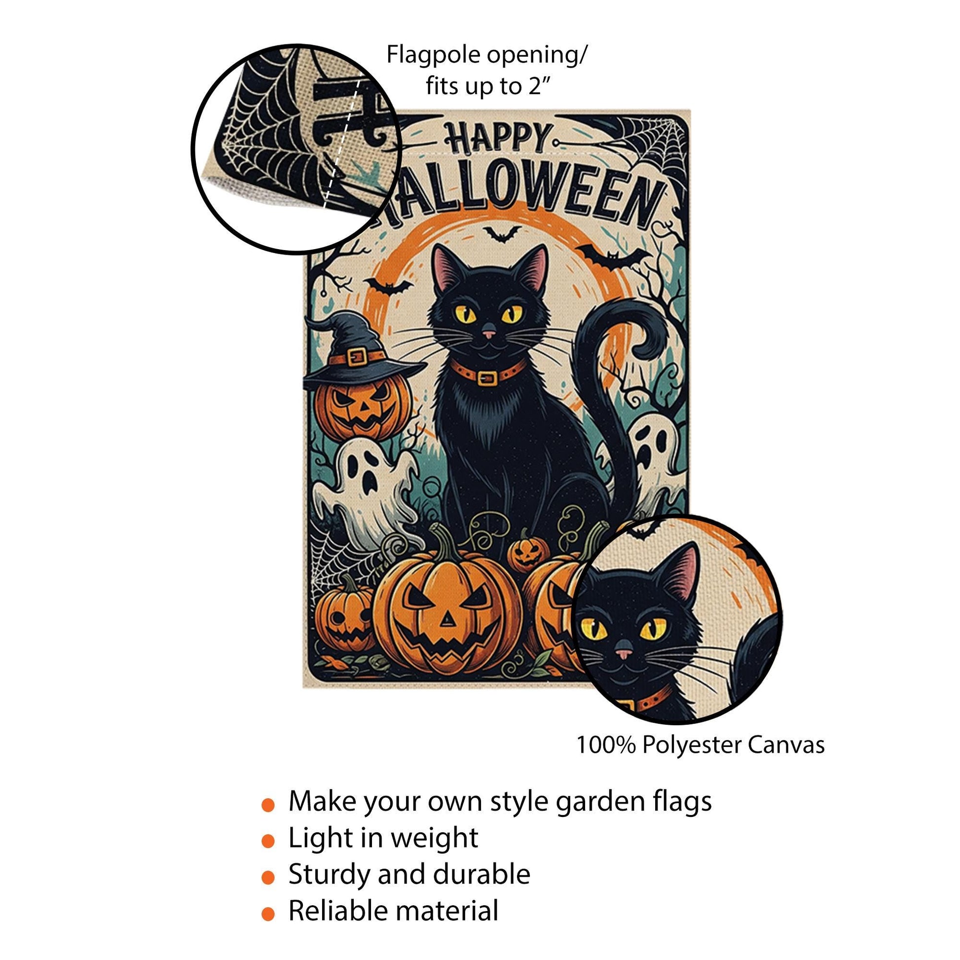 Happy Halloween Garden Flag with Black Cat and Pumpkins, Spooky Outdoor Yard Decor, Ghost and Jack-O’-Lantern Fall Flag