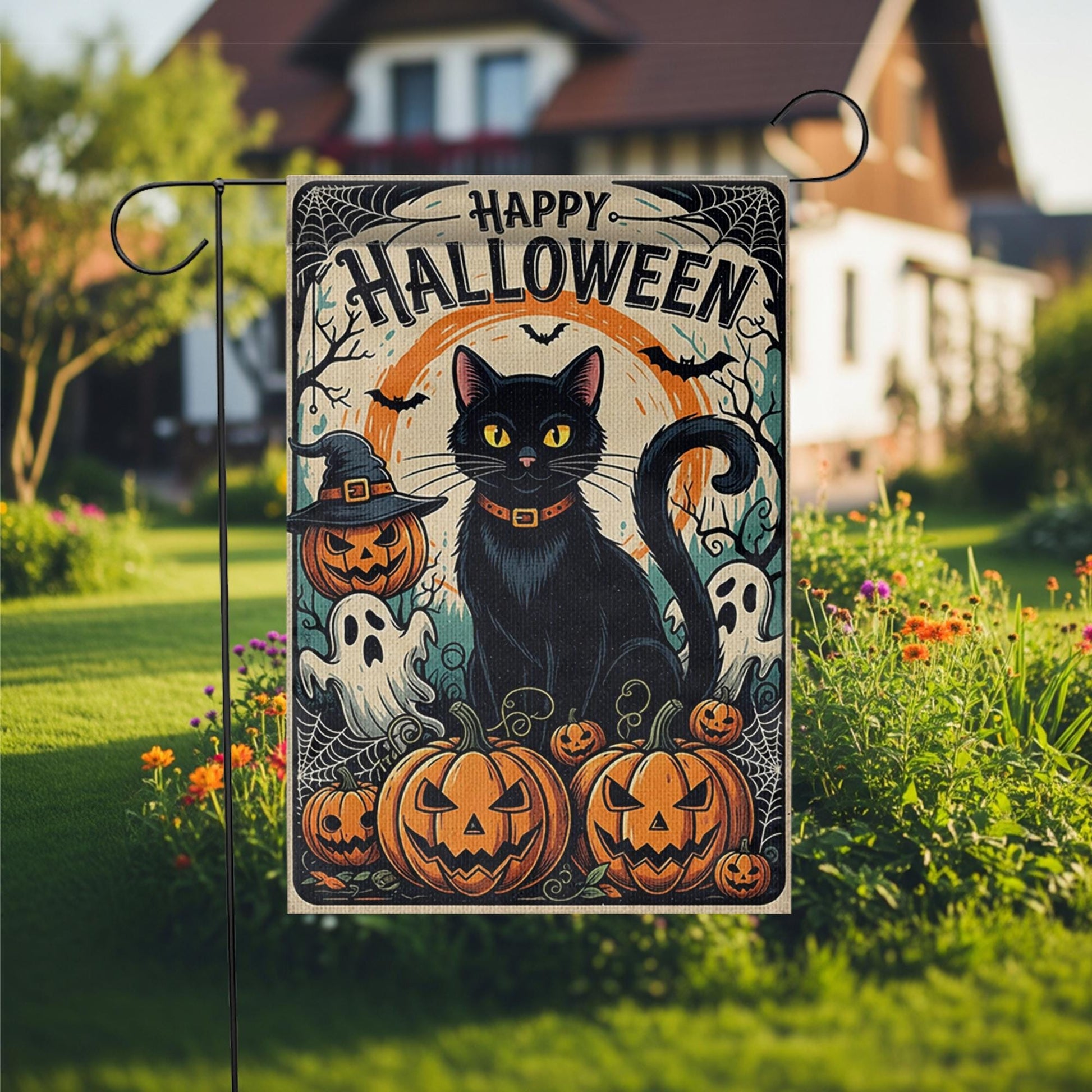 Happy Halloween Garden Flag with Black Cat and Pumpkins, Spooky Outdoor Yard Decor, Ghost and Jack-O’-Lantern Fall Flag