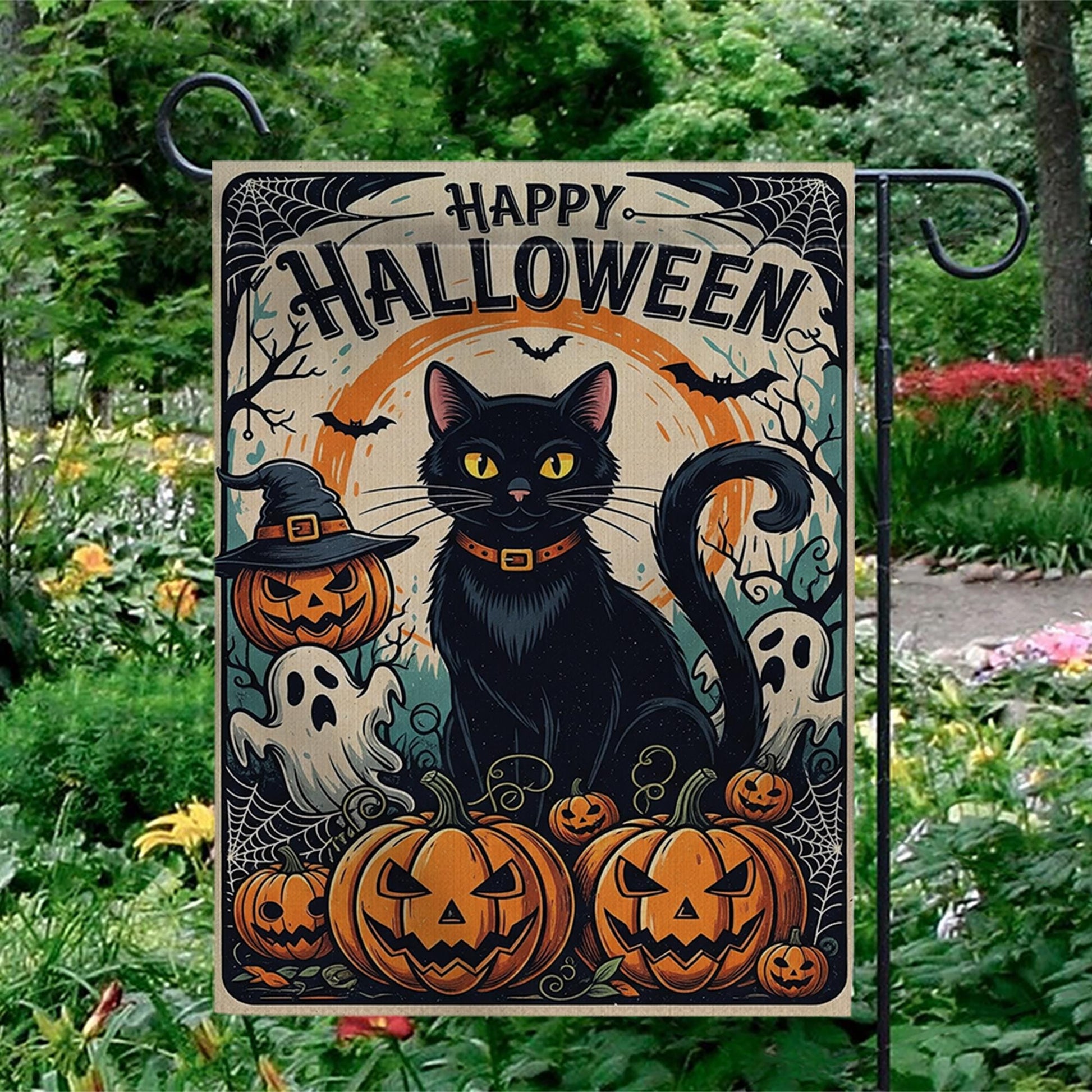 Happy Halloween Garden Flag with Black Cat and Pumpkins, Spooky Outdoor Yard Decor, Ghost and Jack-O’-Lantern Fall Flag