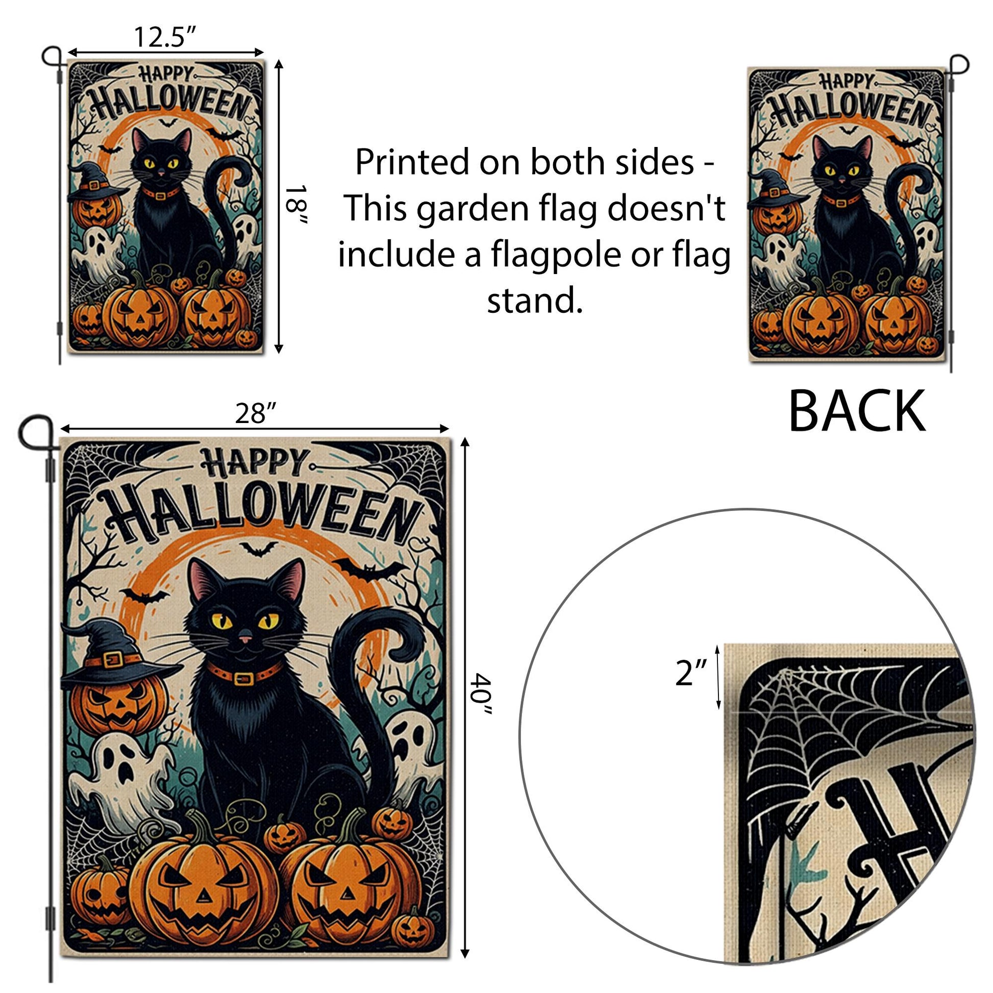 Happy Halloween Garden Flag with Black Cat and Pumpkins, Spooky Outdoor Yard Decor, Ghost and Jack-O’-Lantern Fall Flag
