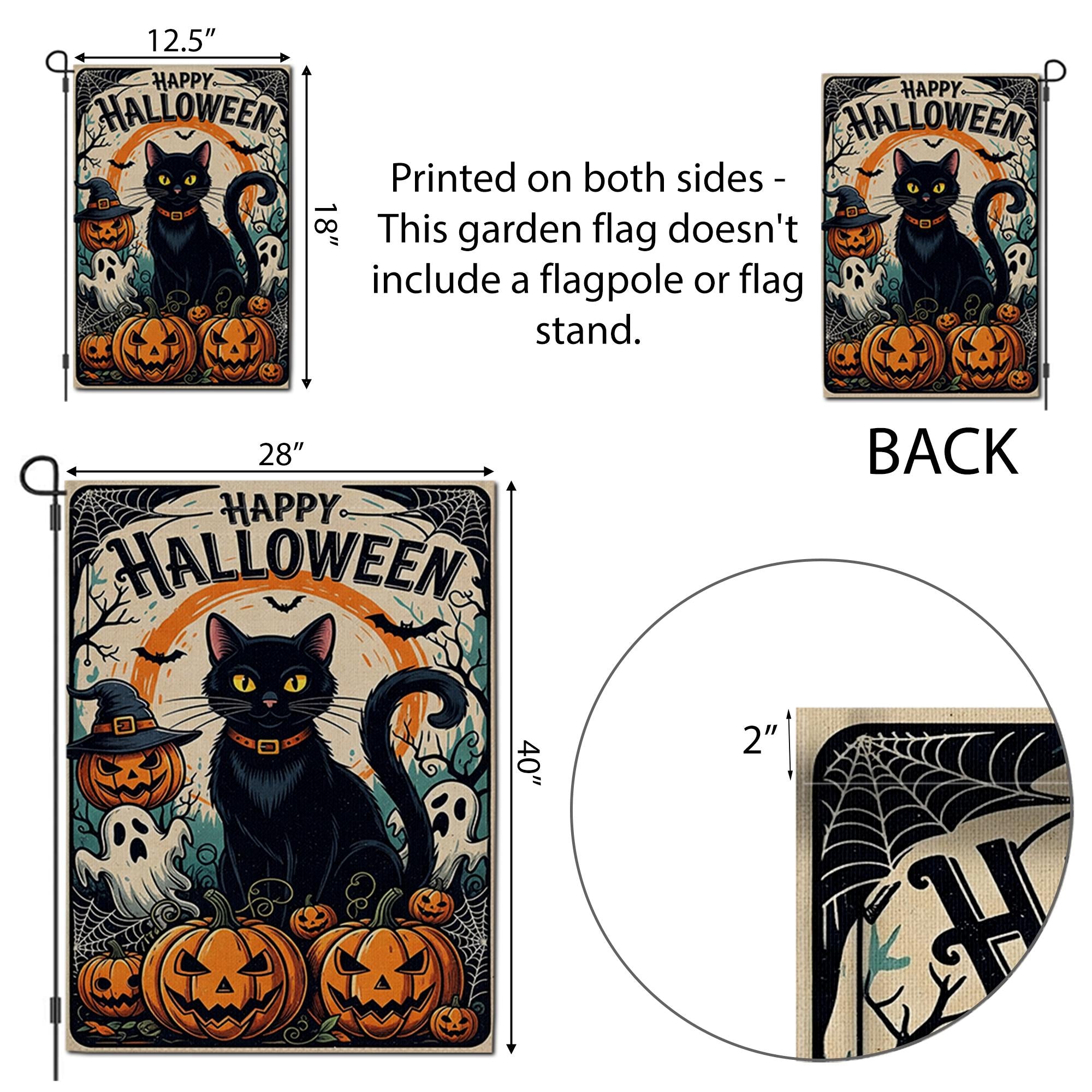 Happy Halloween Garden Flag with Black Cat and Pumpkins, Spooky Outdoor Yard Decor, Ghost and Jack-O’-Lantern Fall Flag