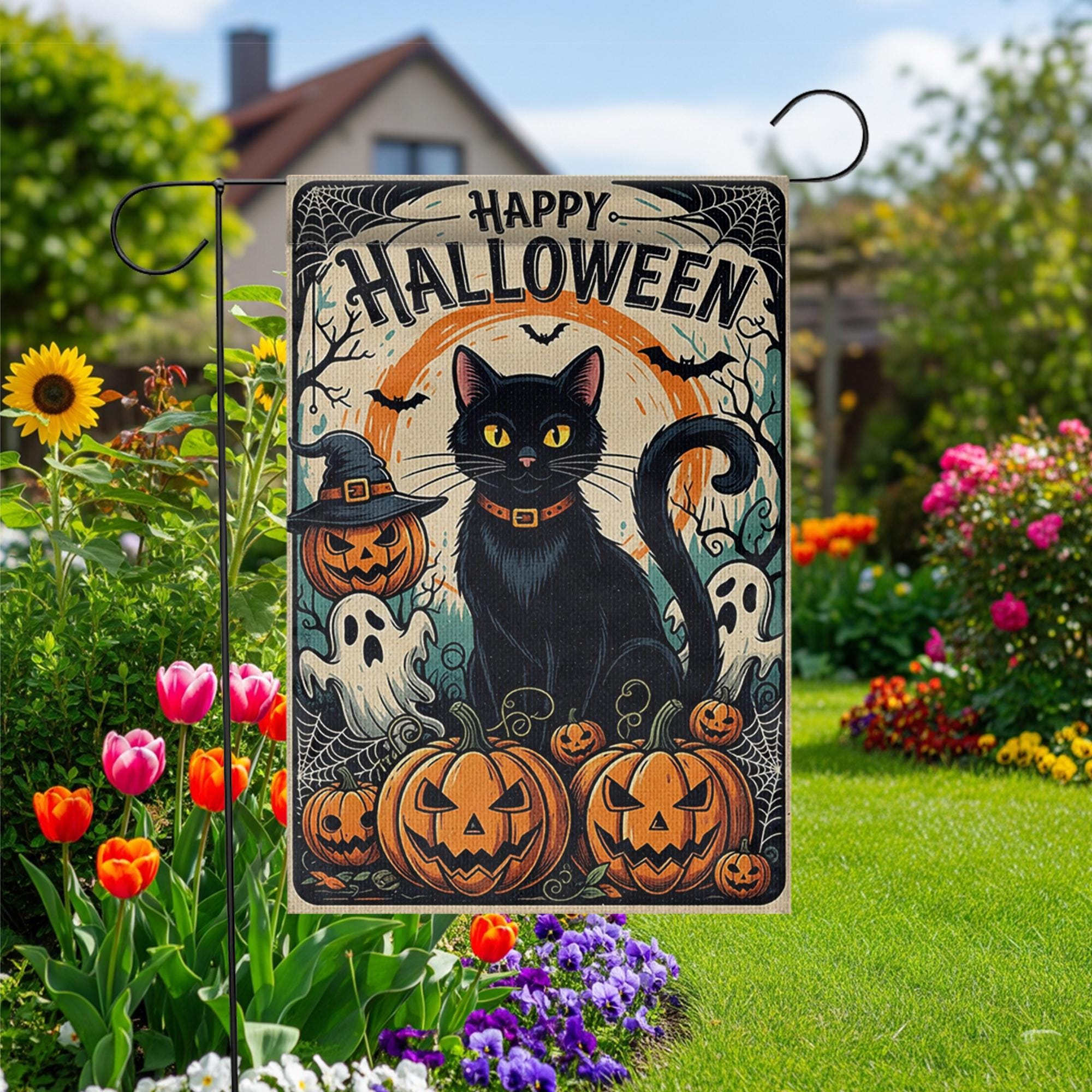 Happy Halloween Garden Flag with Black Cat and Pumpkins, Spooky Outdoor Yard Decor, Ghost and Jack-O’-Lantern Fall Flag