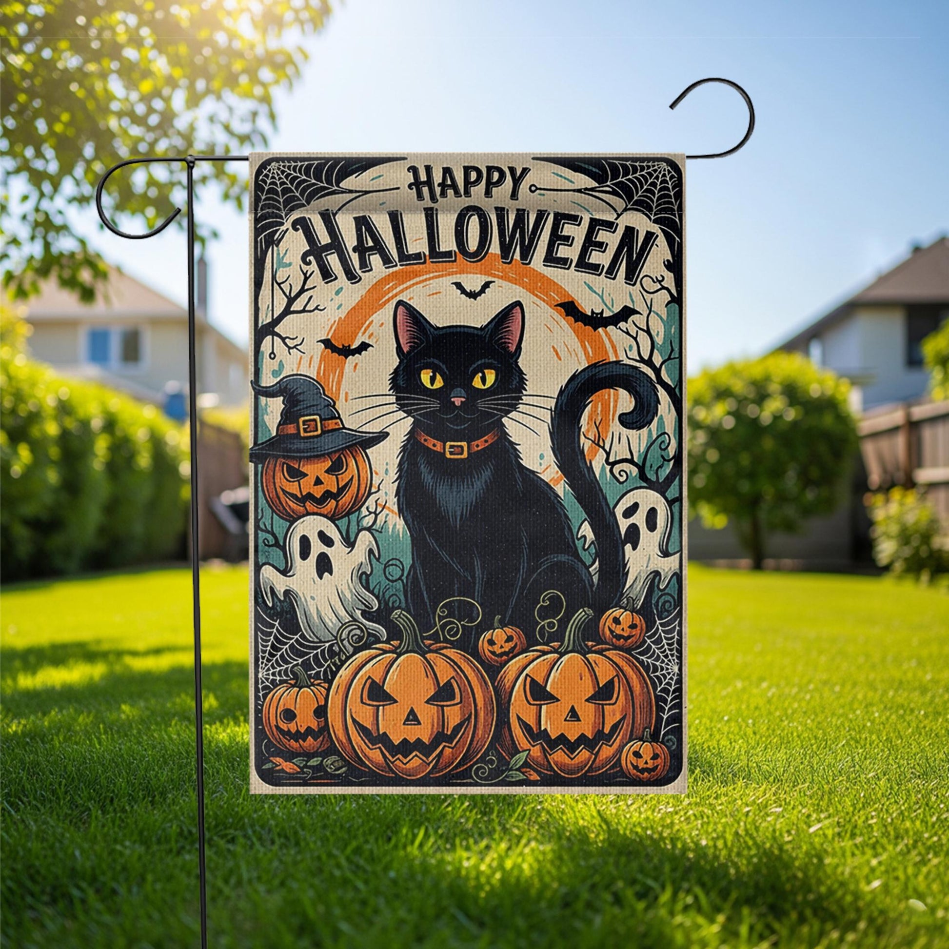Happy Halloween Garden Flag with Black Cat and Pumpkins, Spooky Outdoor Yard Decor, Ghost and Jack-O’-Lantern Fall Flag