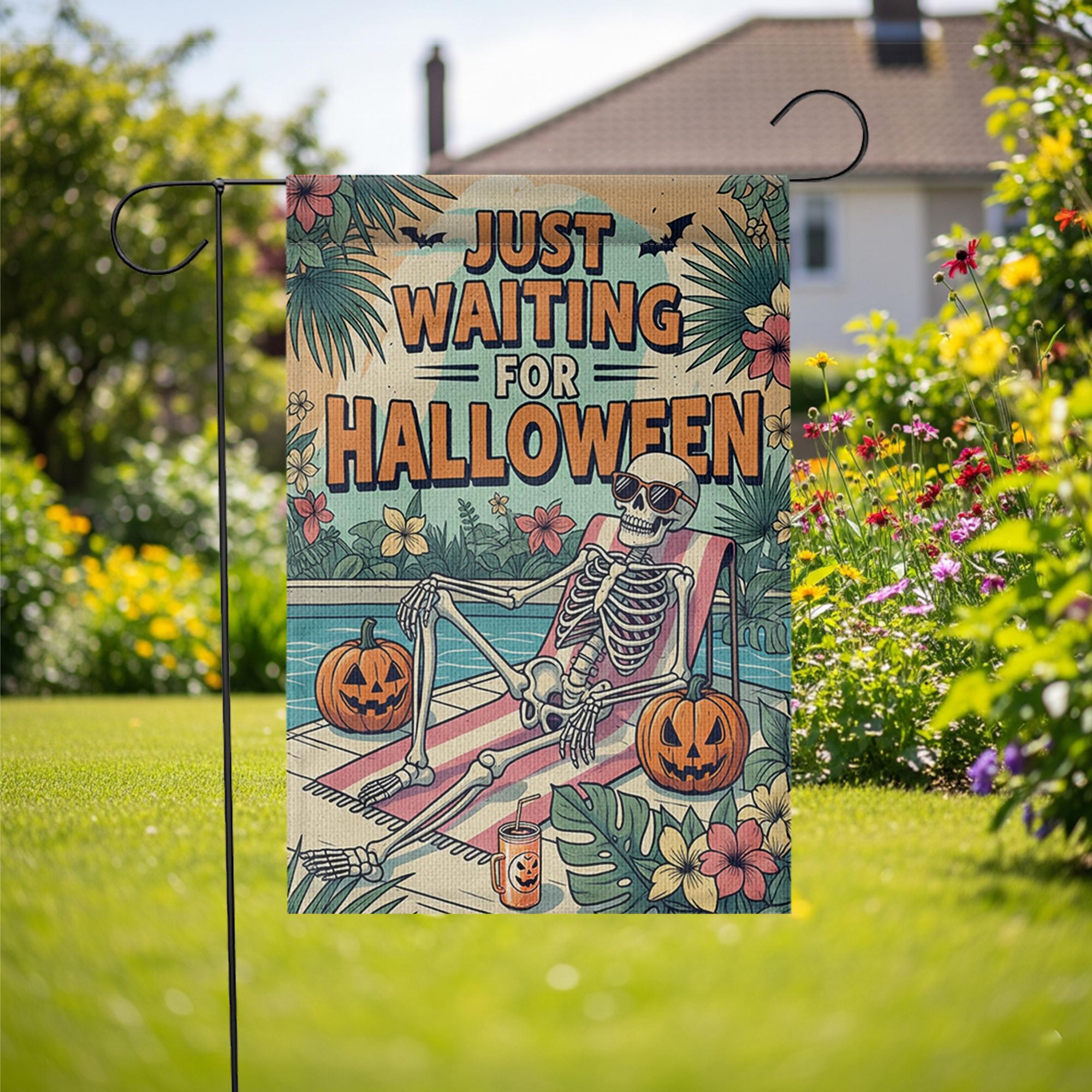 Funny Halloween Garden Flag with Skeleton and Pumpkins, Tropical Spooky Yard Decor, Just Waiting for Halloween Outdoor Sign
