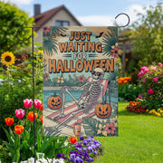 Funny Halloween Garden Flag with Skeleton and Pumpkins, Tropical Spooky Yard Decor, Just Waiting for Halloween Outdoor Sign