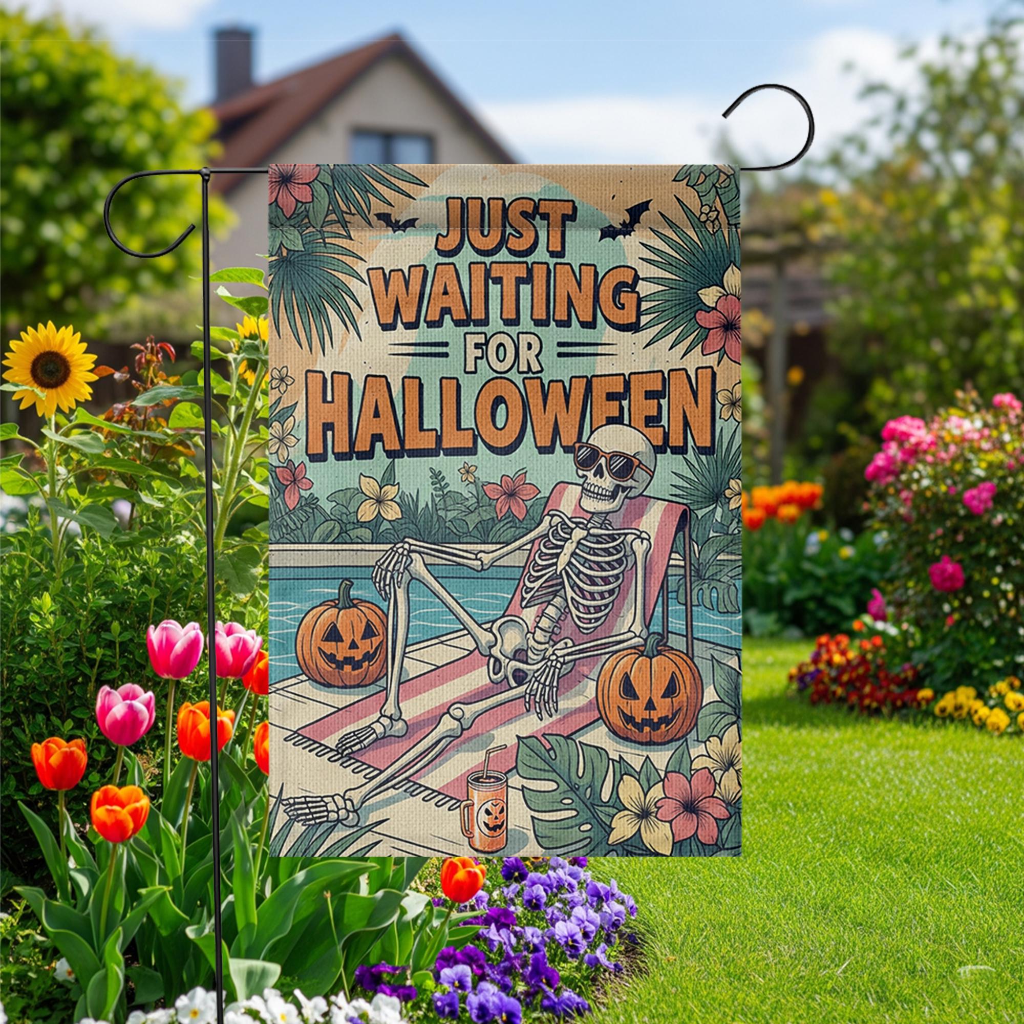 Funny Halloween Garden Flag with Skeleton and Pumpkins, Tropical Spooky Yard Decor, Just Waiting for Halloween Outdoor Sign