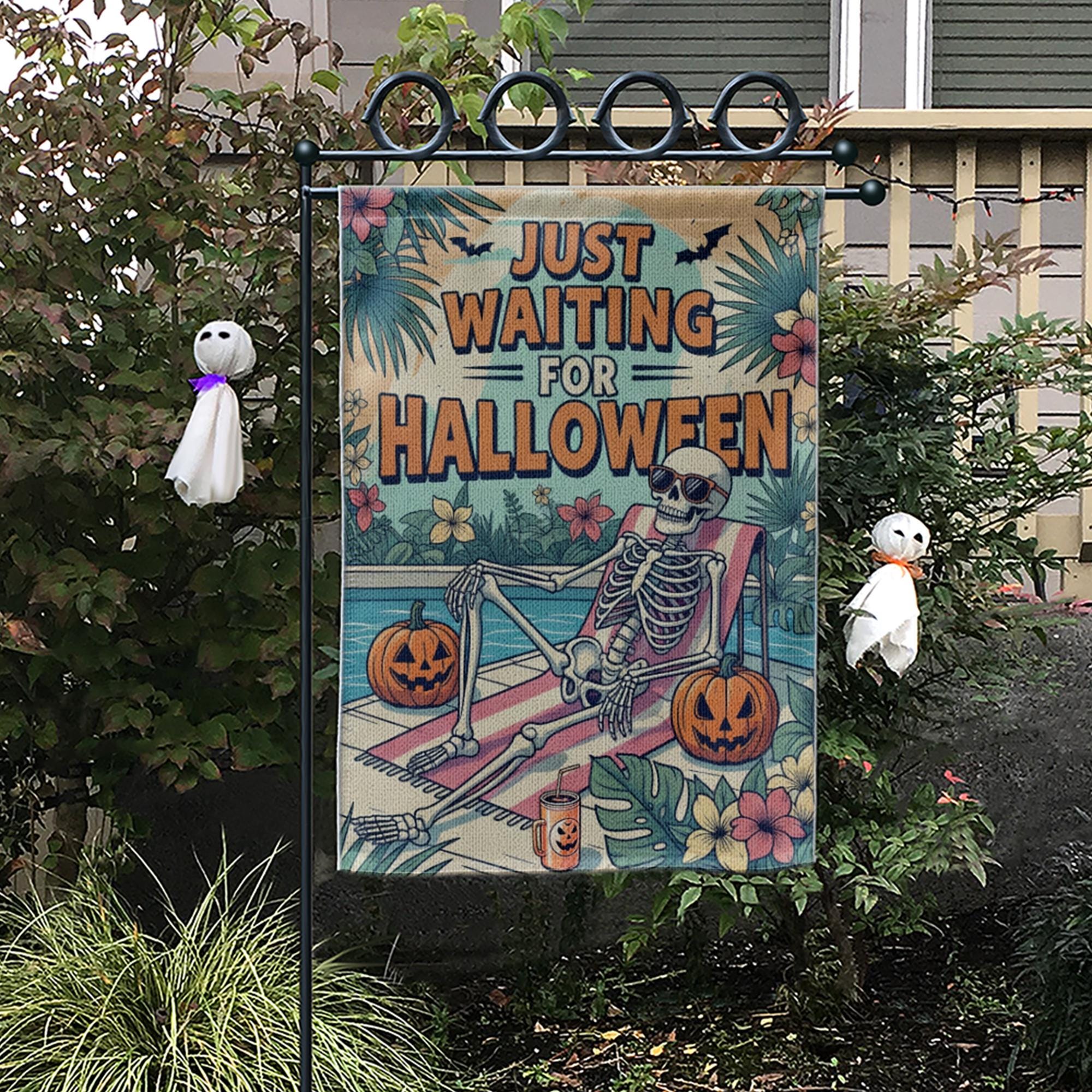 Funny Halloween Garden Flag with Skeleton and Pumpkins, Tropical Spooky Yard Decor, Just Waiting for Halloween Outdoor Sign