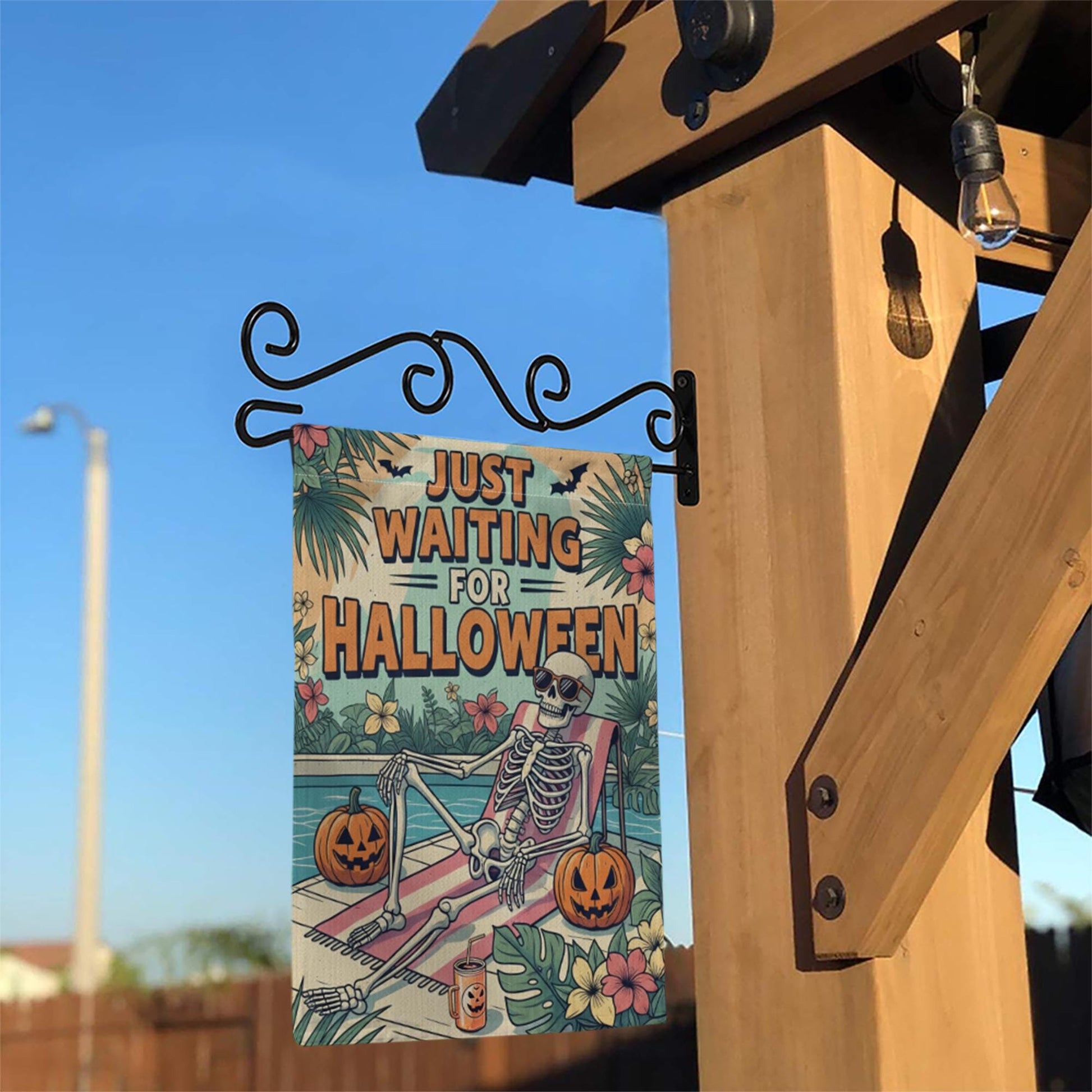 Funny Halloween Garden Flag with Skeleton and Pumpkins, Tropical Spooky Yard Decor, Just Waiting for Halloween Outdoor Sign