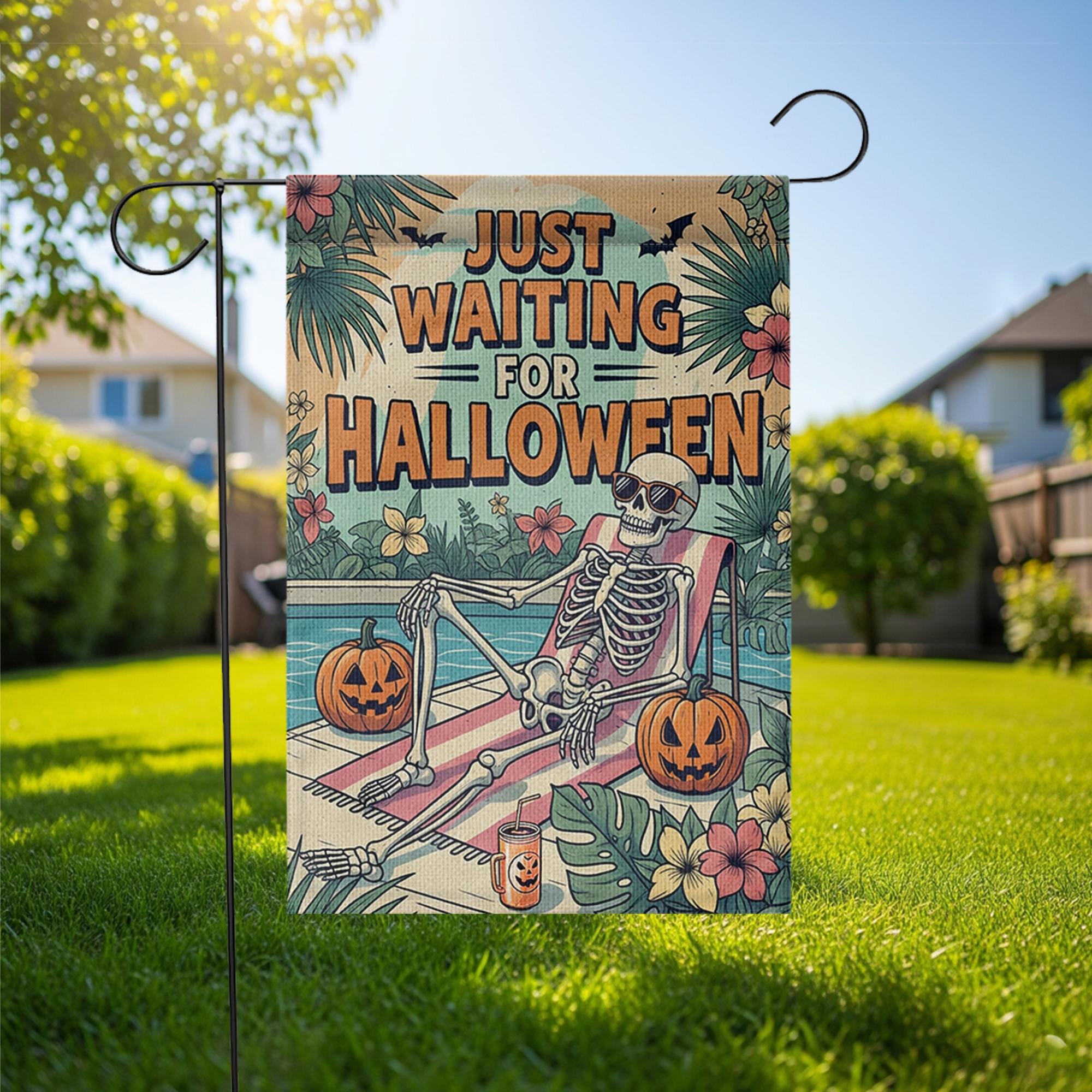 Funny Halloween Garden Flag with Skeleton and Pumpkins, Tropical Spooky Yard Decor, Just Waiting for Halloween Outdoor Sign