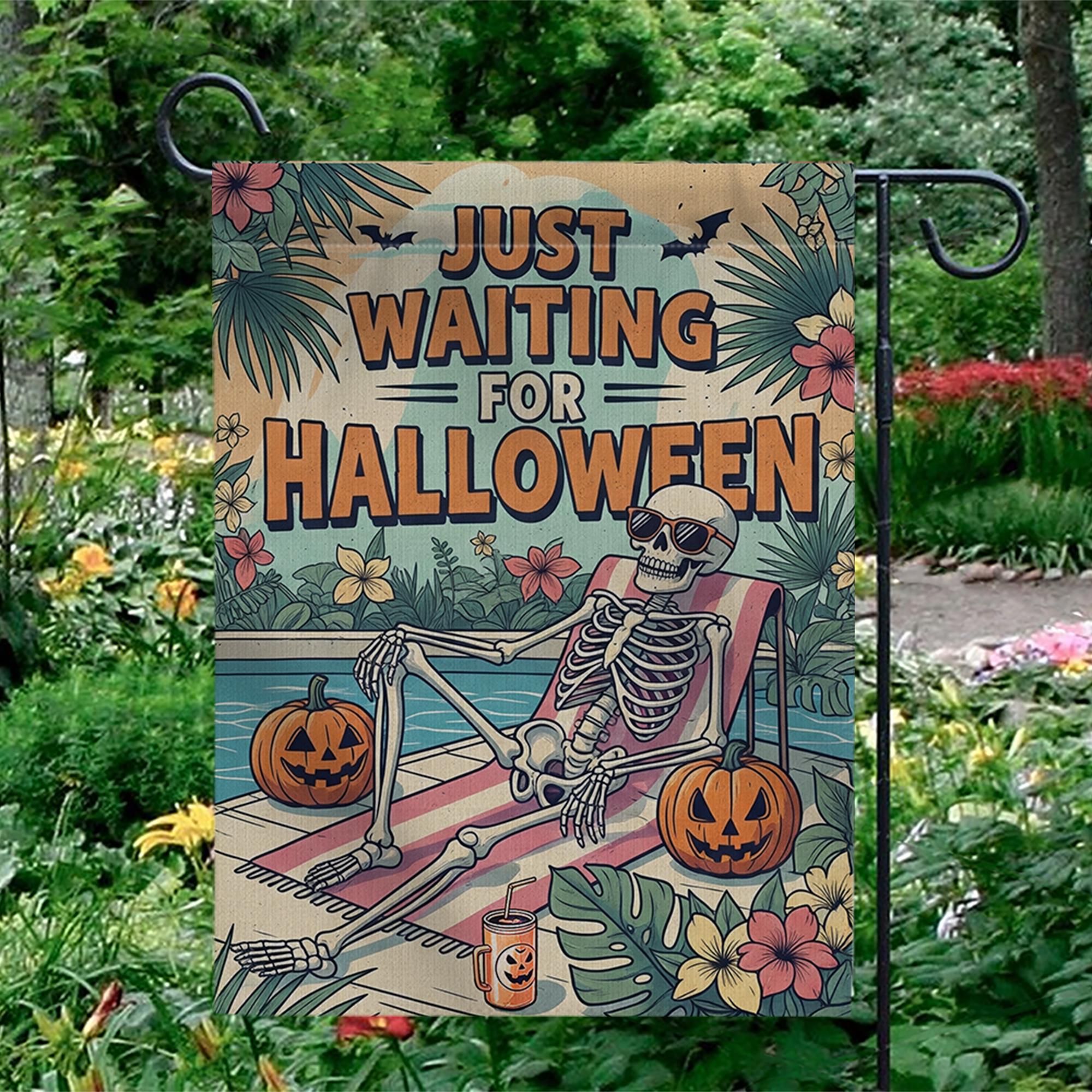 Funny Halloween Garden Flag with Skeleton and Pumpkins, Tropical Spooky Yard Decor, Just Waiting for Halloween Outdoor Sign