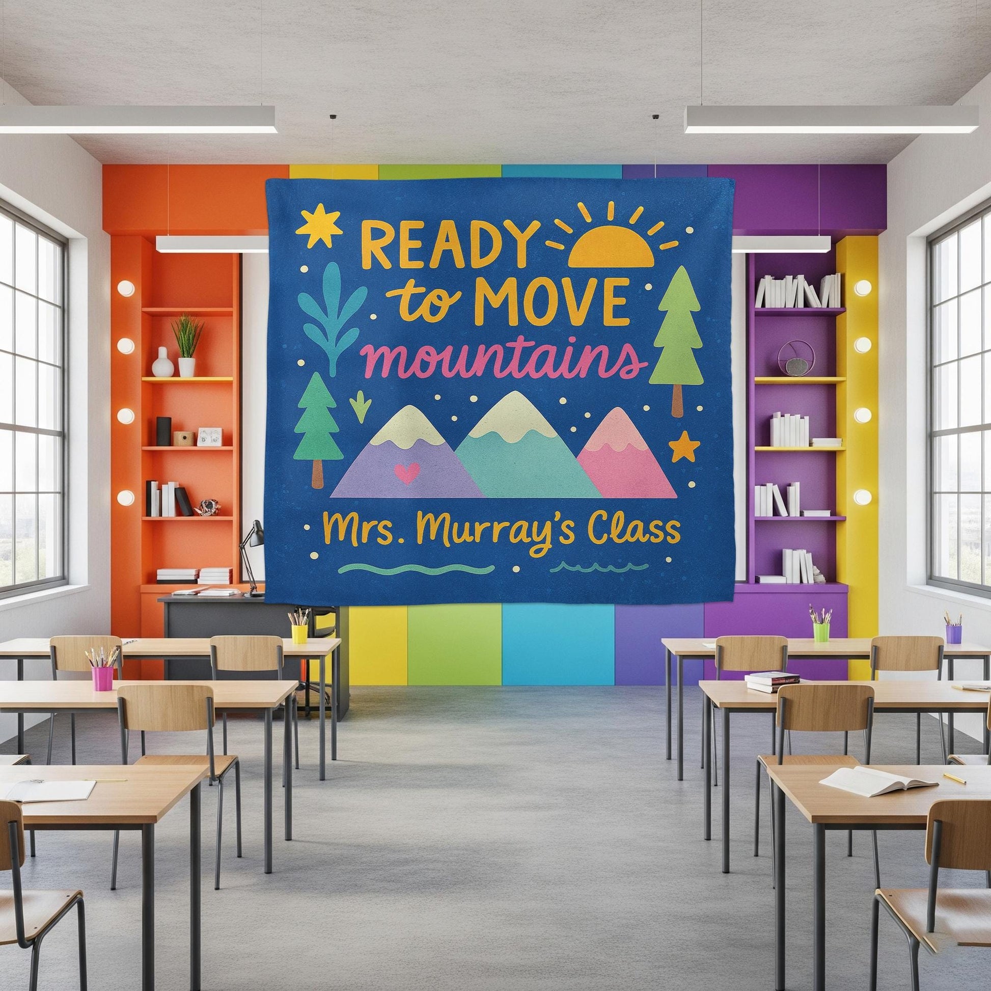 Ready to Move Mountains Classroom Tapestry - Personalized Teacher Wall Decor, Motivational Backdrop for Back To School, Custom Class Sign