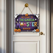 Personalized Monster Manor Halloween Sign | Cute Spooky Family Door Decor | Custom Name Plaque with Ghosts & Pumpkins