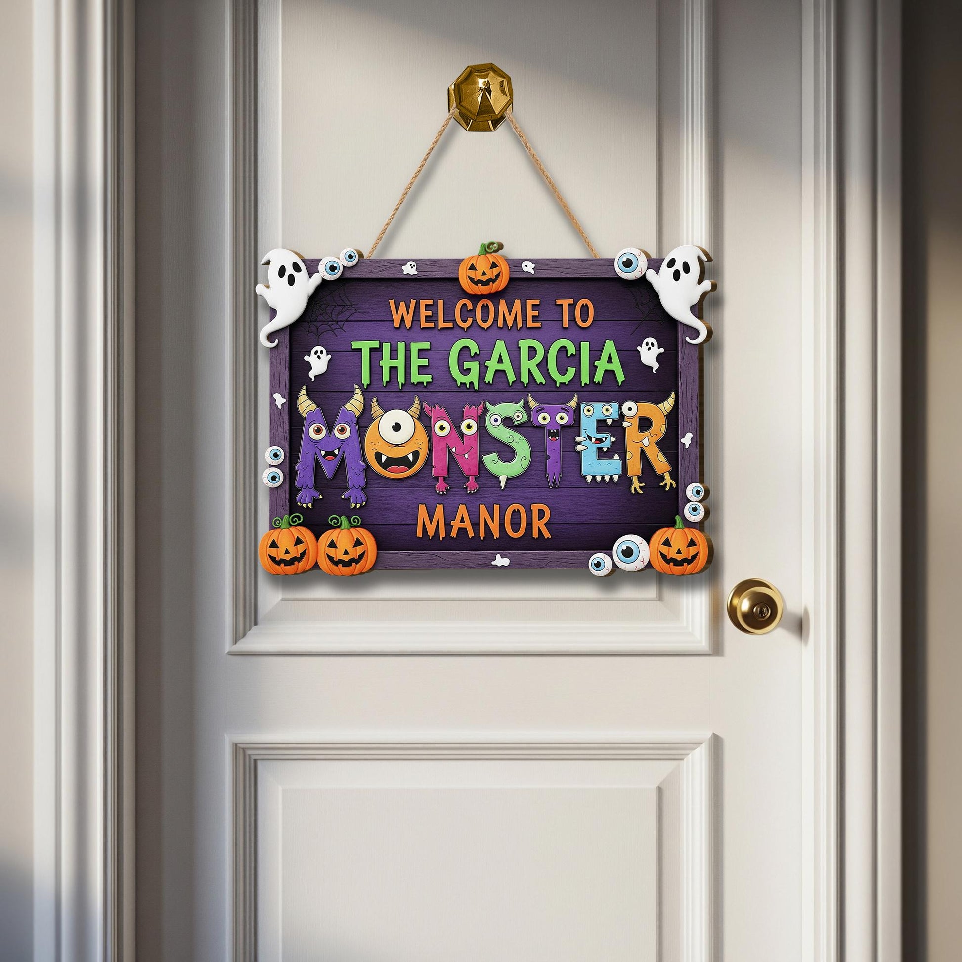 Personalized Monster Manor Halloween Sign | Cute Spooky Family Door Decor | Custom Name Plaque with Ghosts & Pumpkins
