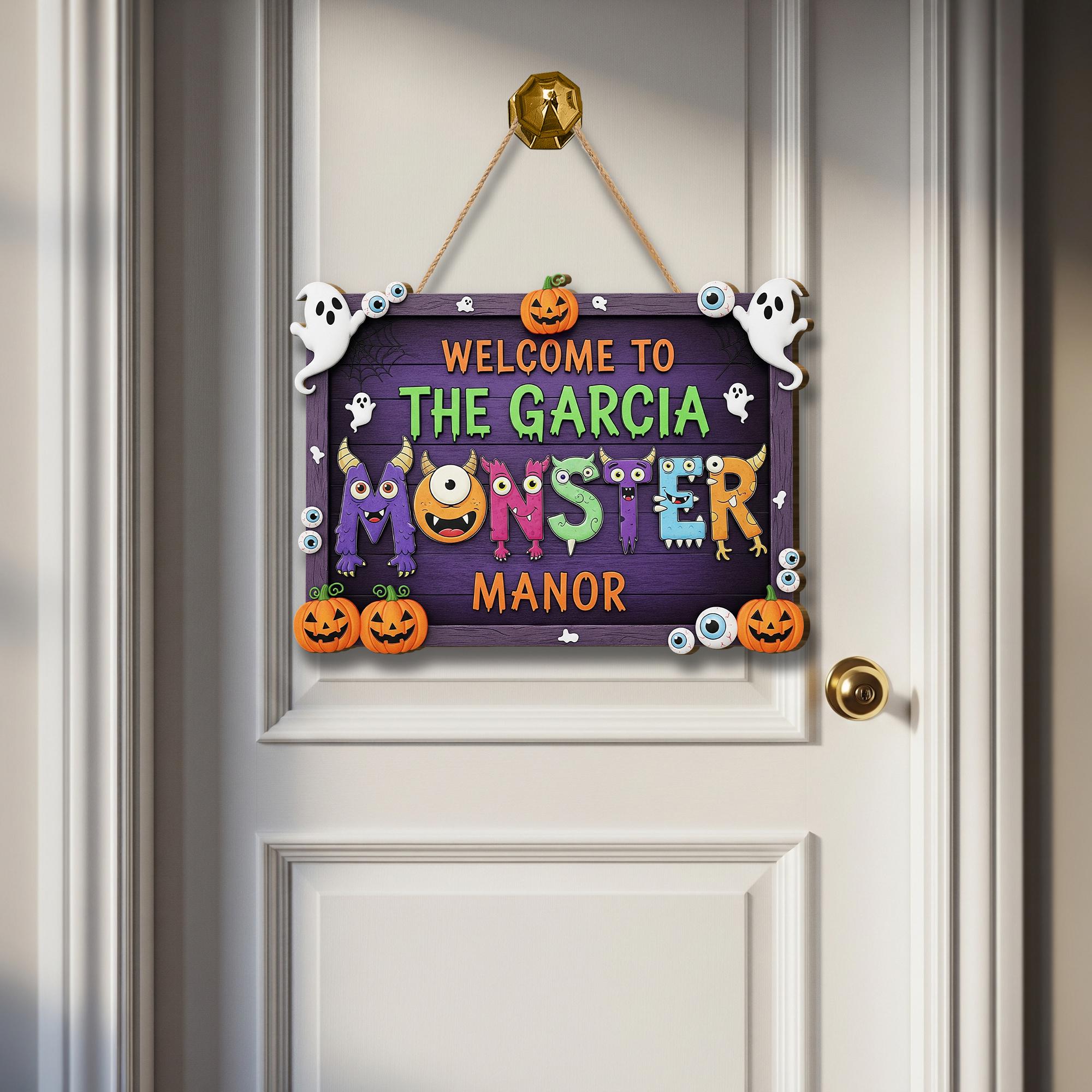 Personalized Monster Manor Halloween Sign | Cute Spooky Family Door Decor | Custom Name Plaque with Ghosts & Pumpkins