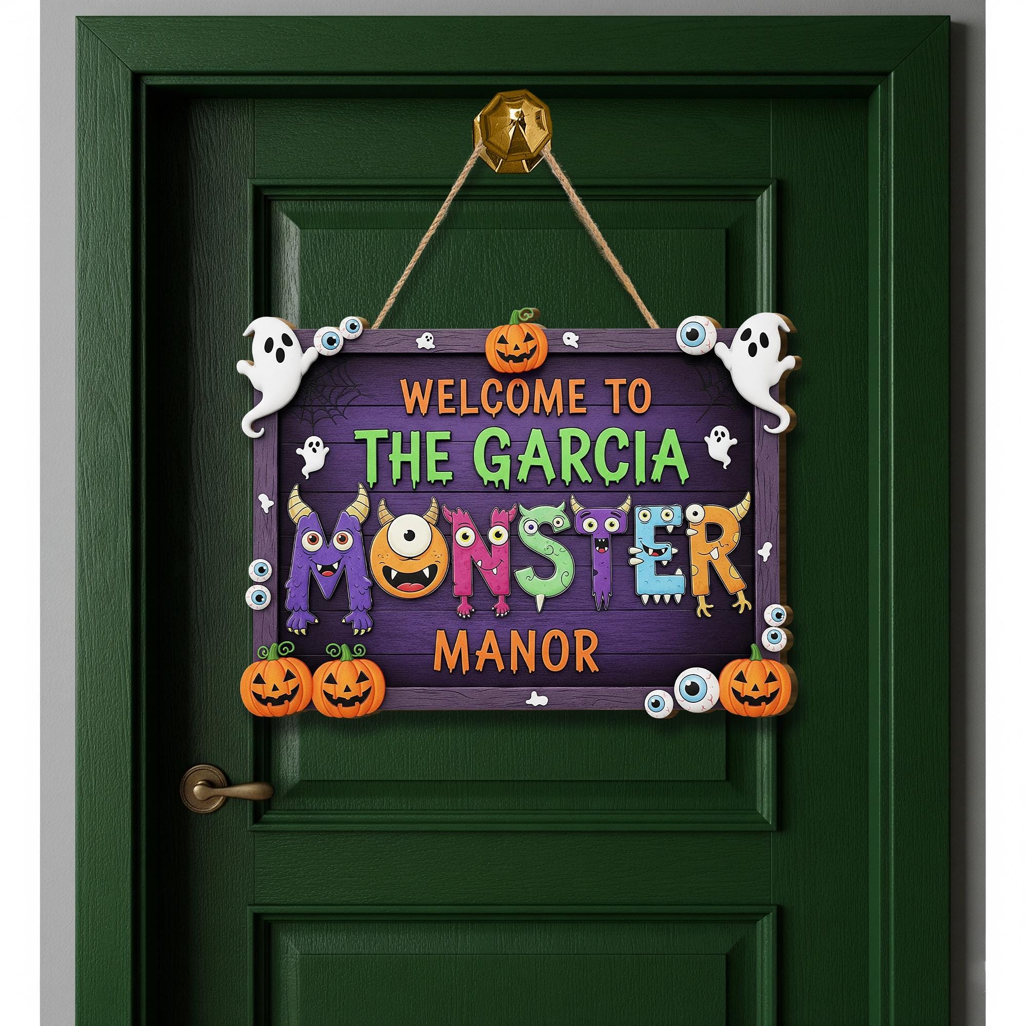 Personalized Monster Manor Halloween Sign | Cute Spooky Family Door Decor | Custom Name Plaque with Ghosts & Pumpkins