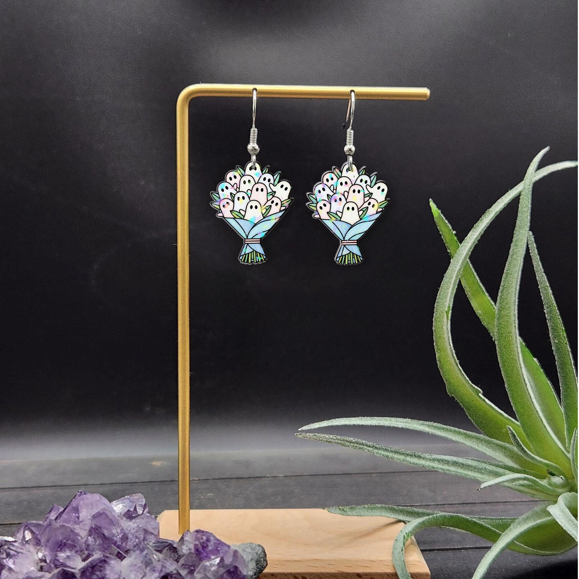 Cute Ghost Bouquet Earrings, Halloween Dangle Jewelry, Spooky Ghost Flower Earrings, Kawaii Pastel Fall Earrings for Women