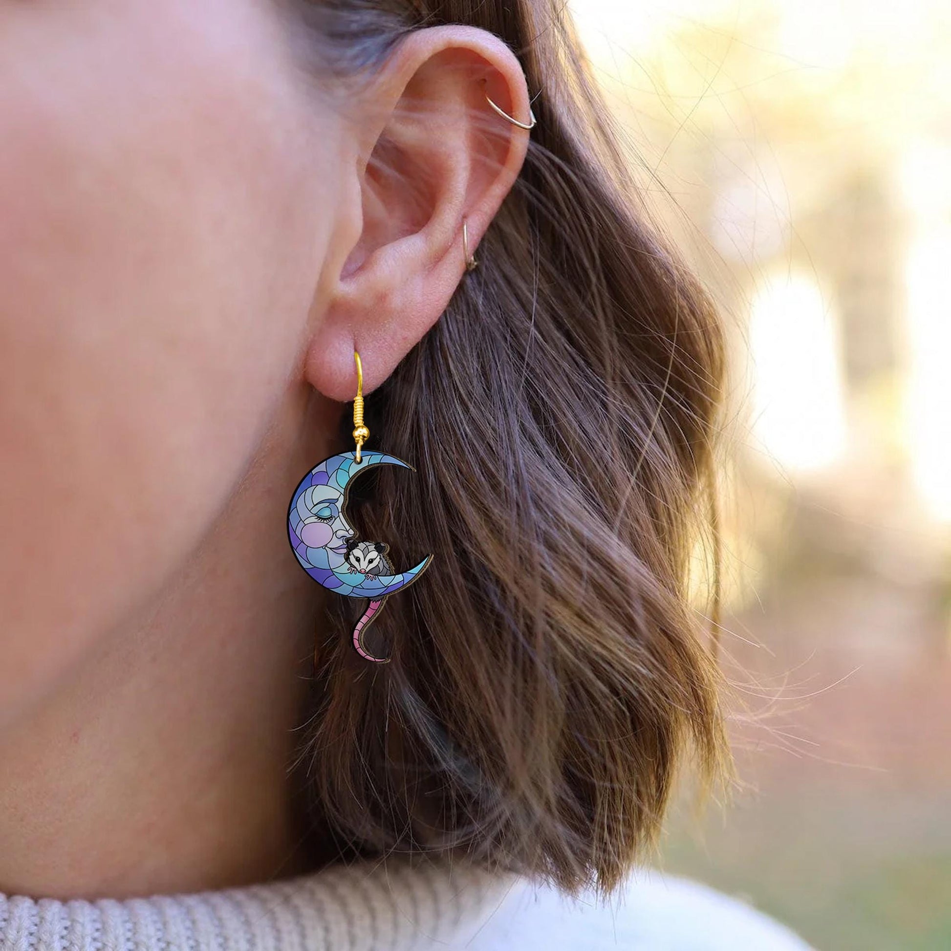 Crescent Moon Opossum Earrings, Stained Glass Look Dangle Jewelry, Pastel Possum Earrings, Cute Animal Gift for Her
