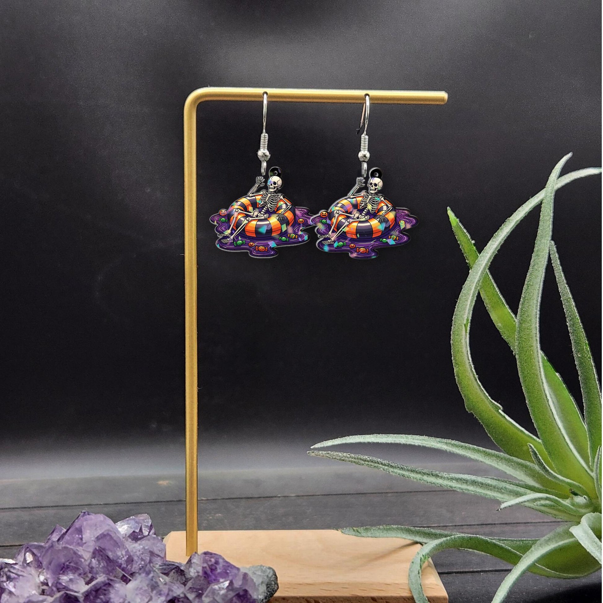 Funny Skeleton Pool Float Earrings, Halloween Dangle Earrings, Spooky Summer Jewelry, Quirky Gift for Her, Goth Accessories