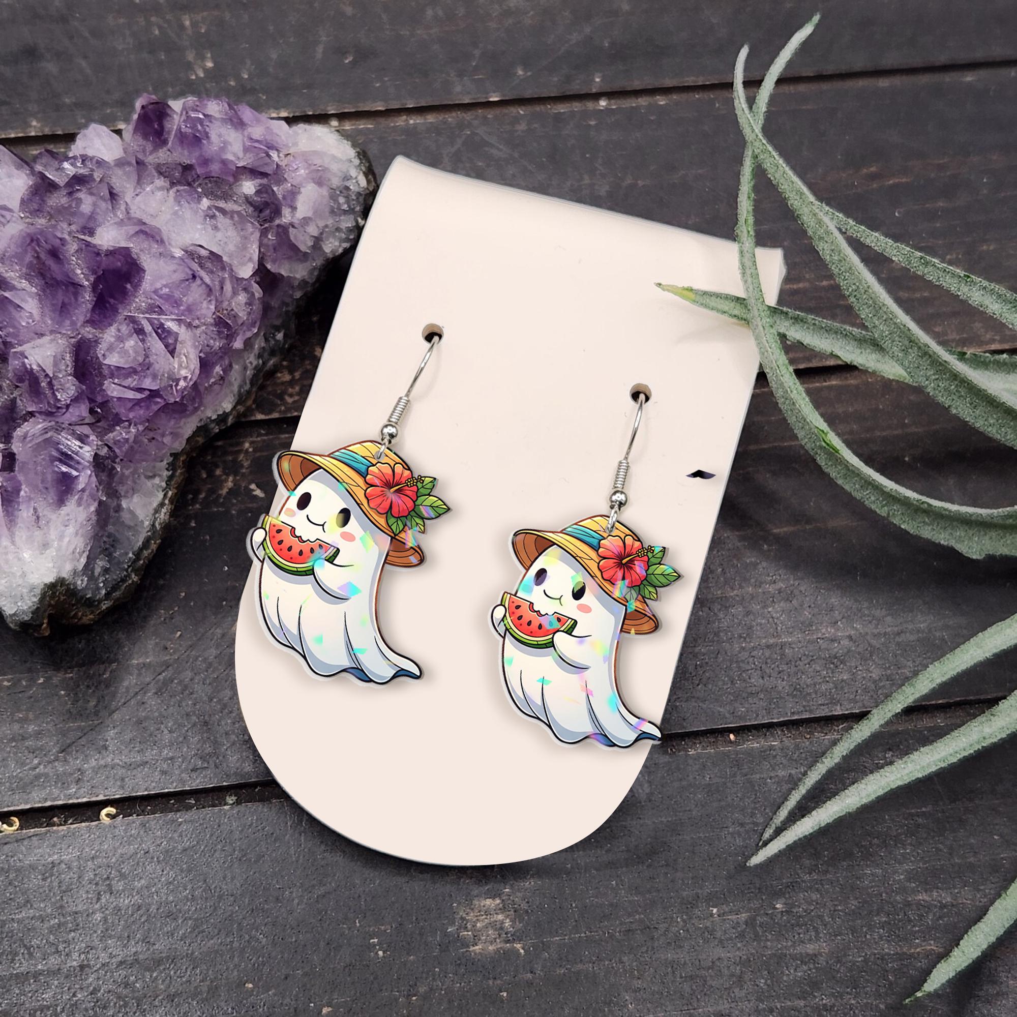 Cute Ghost Watermelon Earrings, Summer Halloween Earrings, Spooky Season Jewelry, Funny Fruit Dangle Earrings, Kawaii Gift for Her