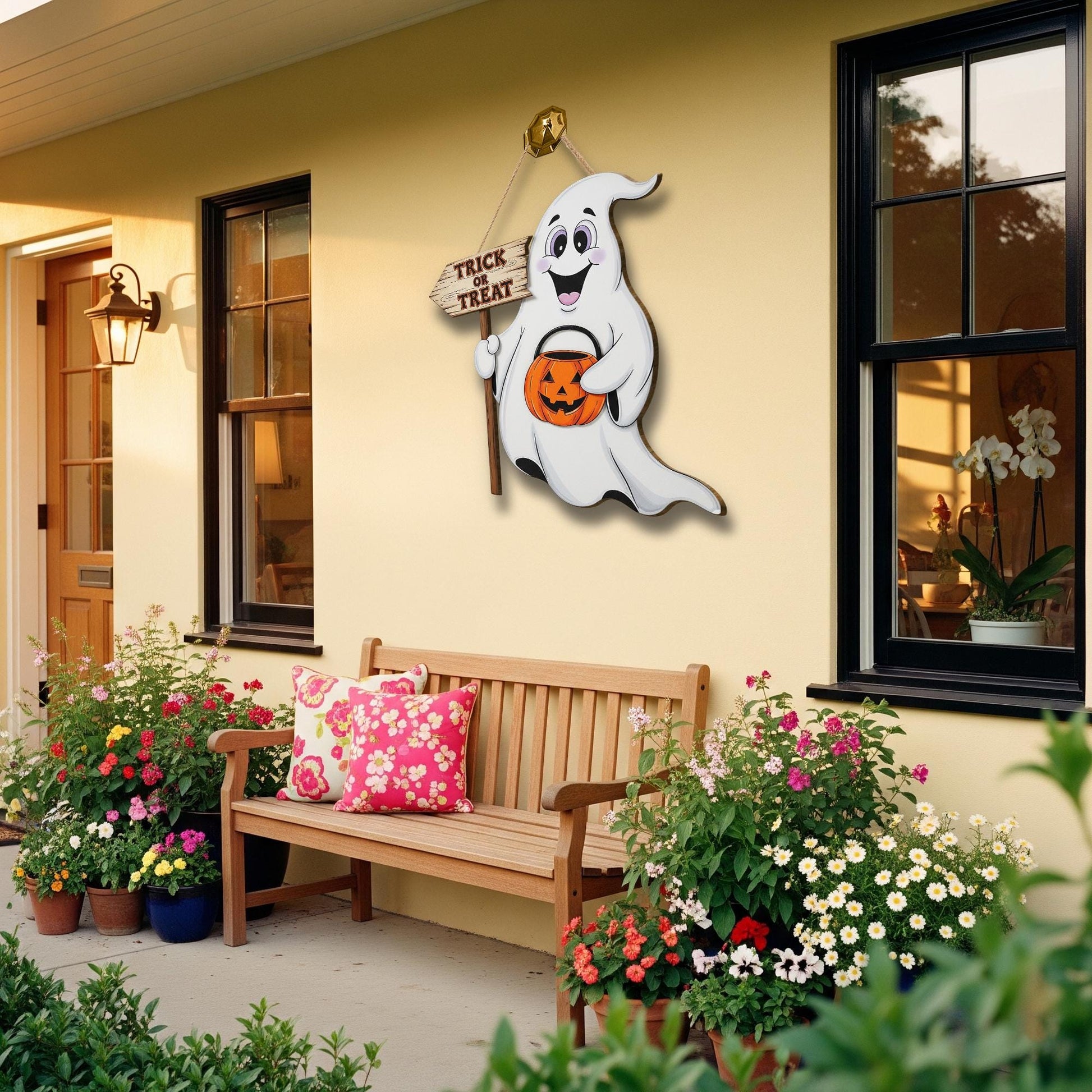 Ghost Door Hanger, Trick or Treat Wood Sign, Cute Halloween Front Door Decor, Kid Friendly Spooky Porch Decoration, Fall Wall Hanging