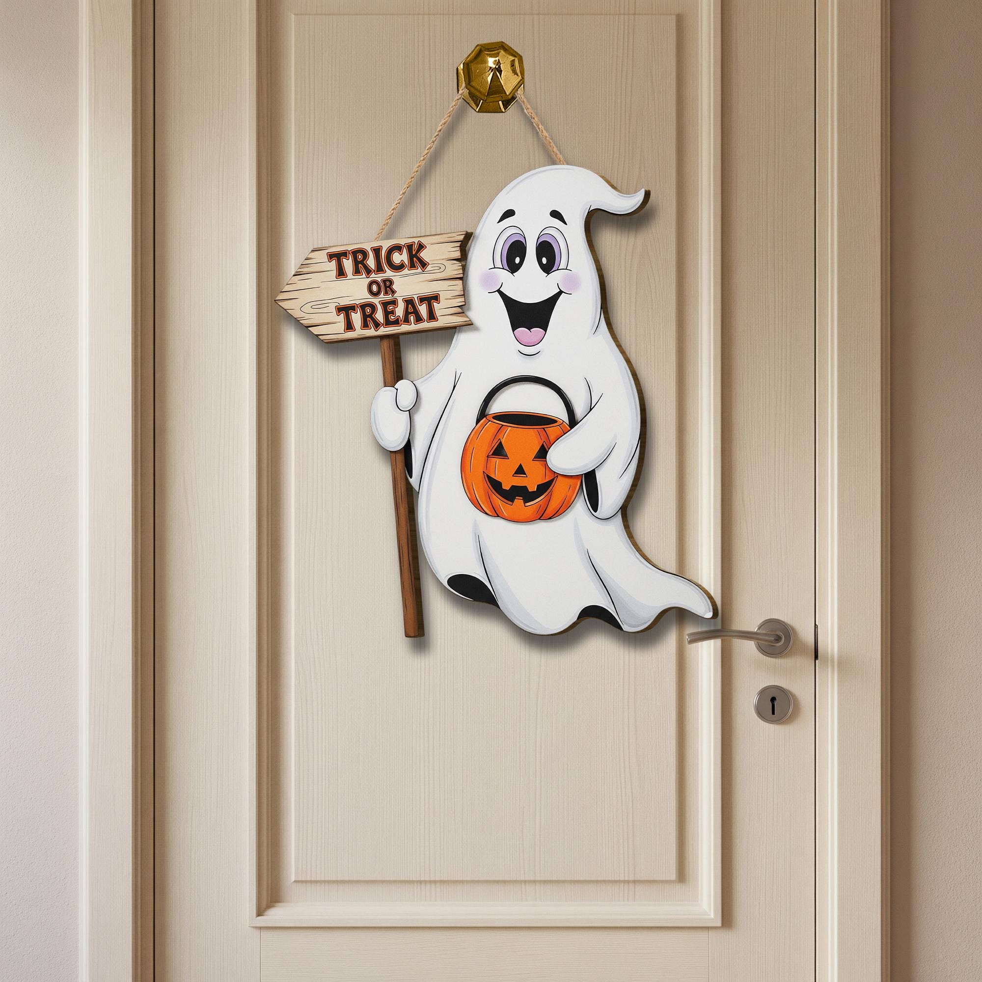 Ghost Door Hanger, Trick or Treat Wood Sign, Cute Halloween Front Door Decor, Kid Friendly Spooky Porch Decoration, Fall Wall Hanging