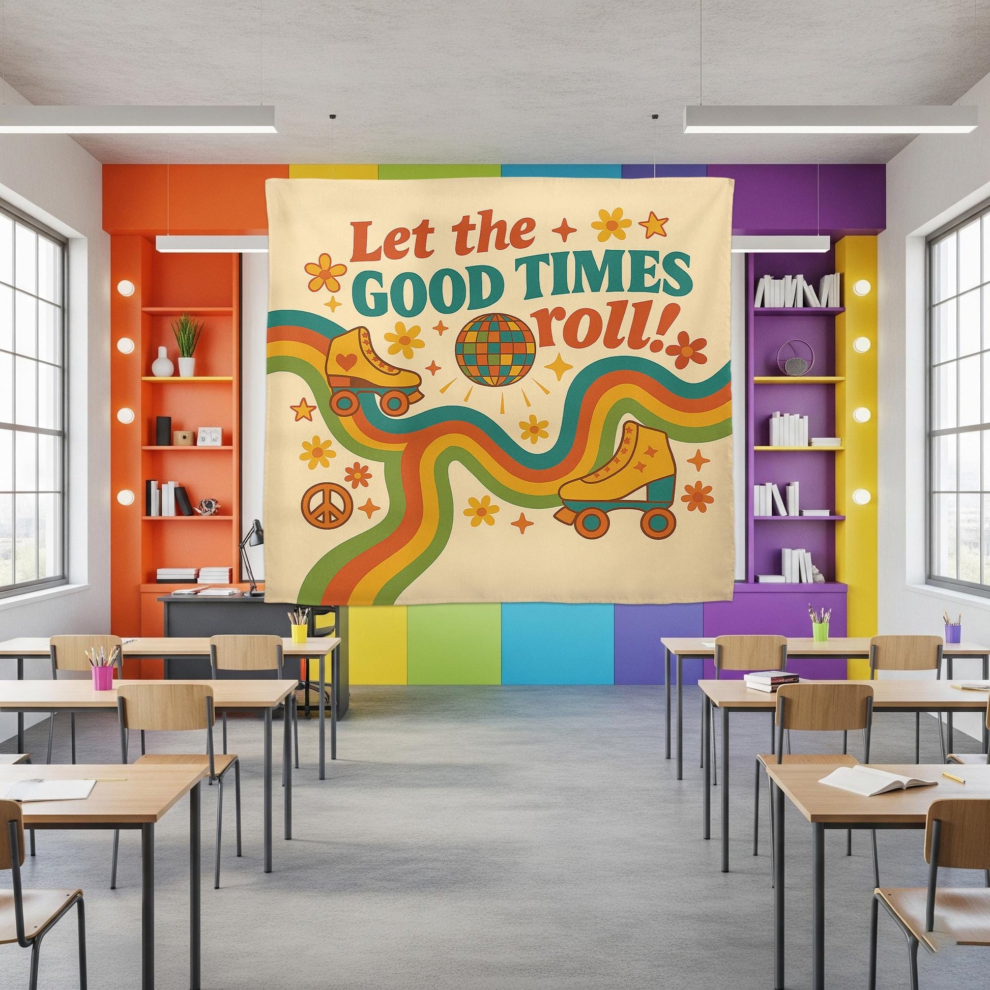 Let the Good Times Roll Classroom Tapestry - Retro Roller Skate Wall Decor, Groovy Teacher Poster, Fun 70s Vibes Back To School Decoration