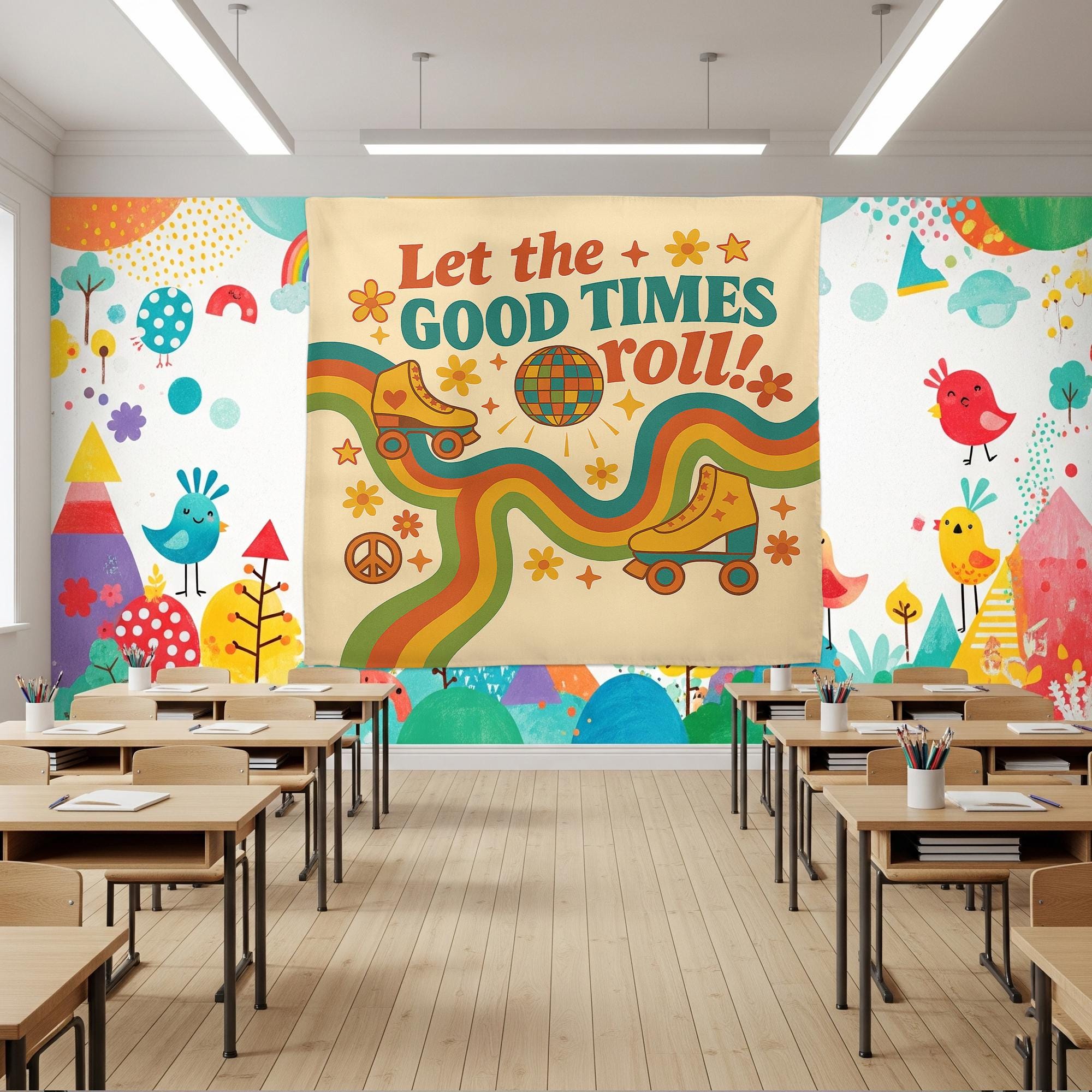 Let the Good Times Roll Classroom Tapestry - Retro Roller Skate Wall Decor, Groovy Teacher Poster, Fun 70s Vibes Back To School Decoration