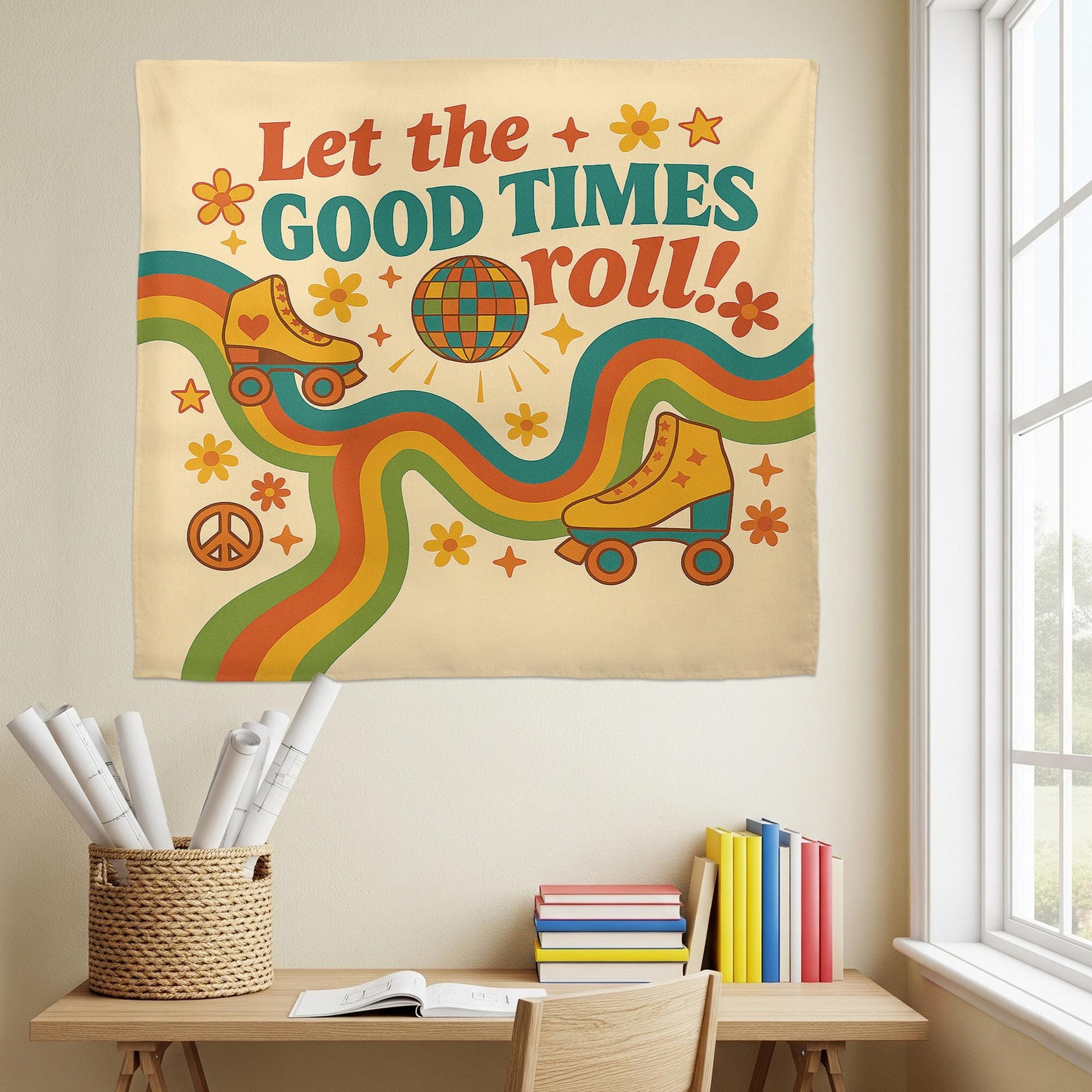 Let the Good Times Roll Classroom Tapestry - Retro Roller Skate Wall Decor, Groovy Teacher Poster, Fun 70s Vibes Back To School Decoration