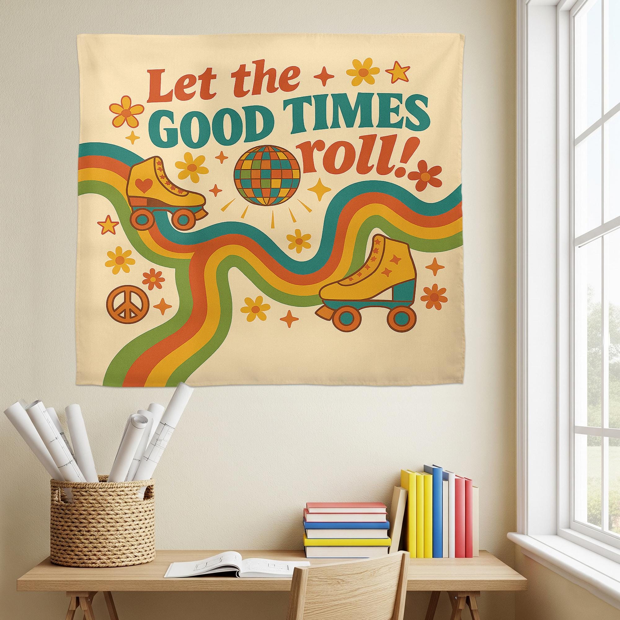 Let the Good Times Roll Classroom Tapestry - Retro Roller Skate Wall Decor, Groovy Teacher Poster, Fun 70s Vibes Back To School Decoration