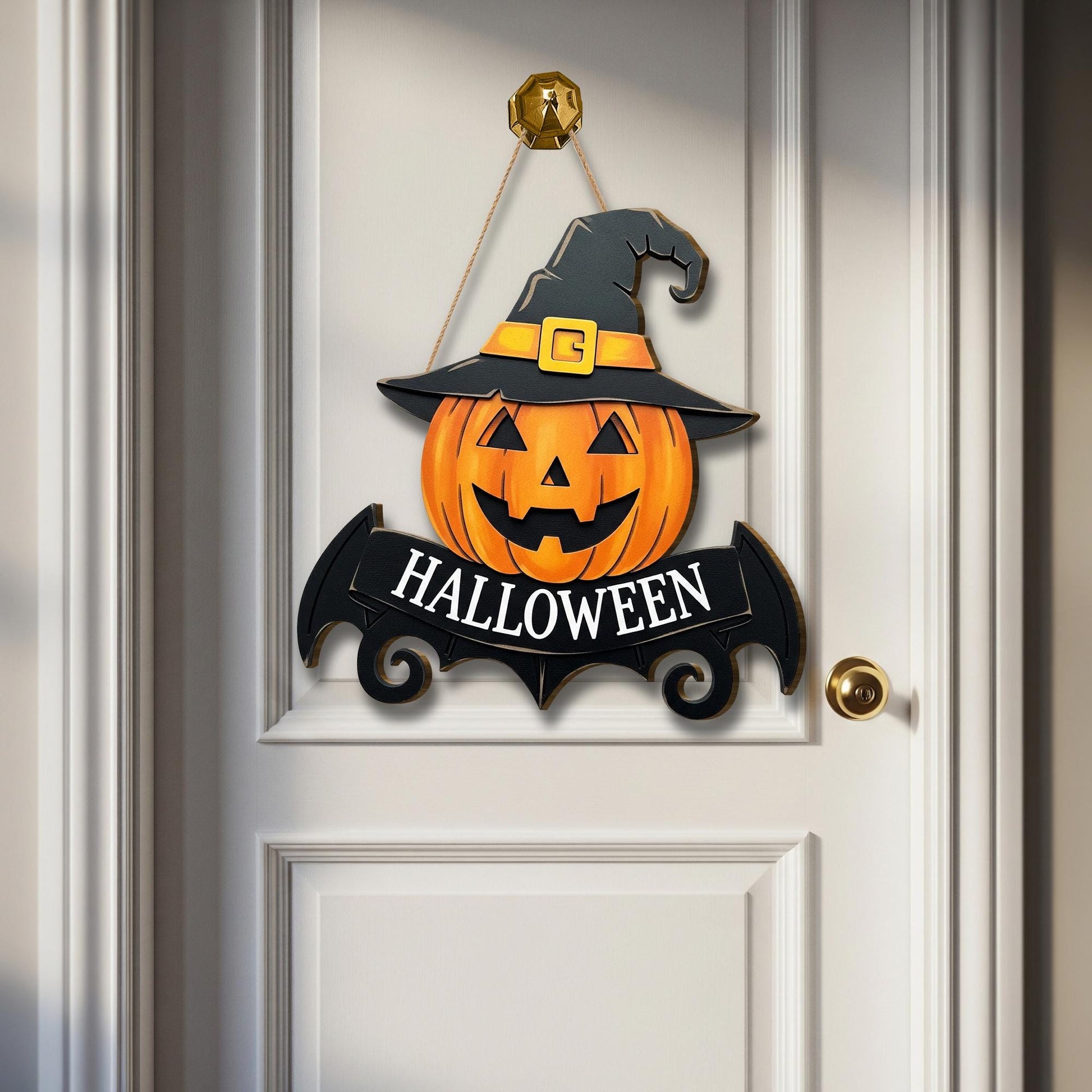 Halloween Pumpkin Door Hanger, Jack O' Lantern Wood Sign, Spooky Front Door Decor with Witch Hat, Fall Porch Decoration