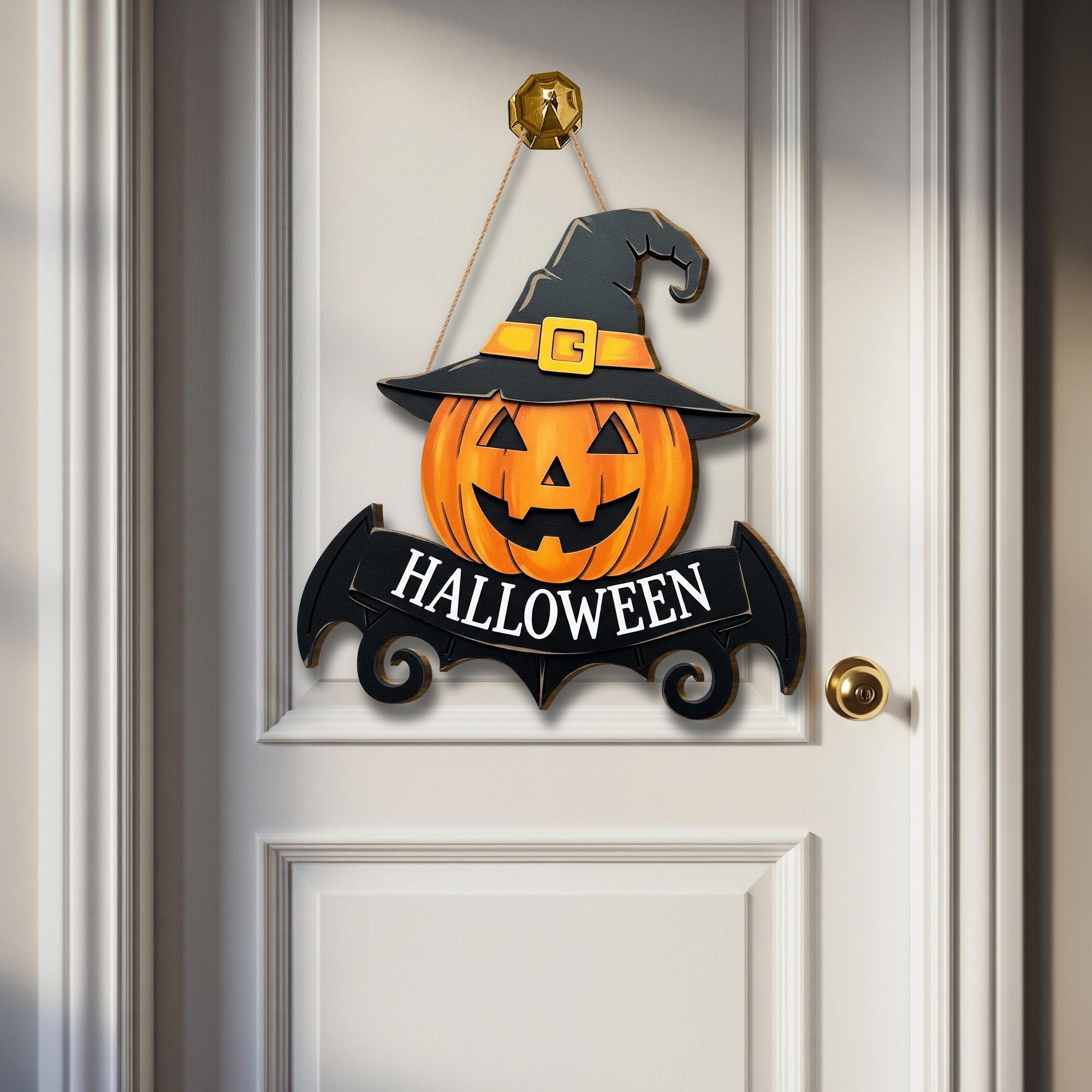 Halloween Pumpkin Door Hanger, Jack O' Lantern Wood Sign, Spooky Front Door Decor with Witch Hat, Fall Porch Decoration
