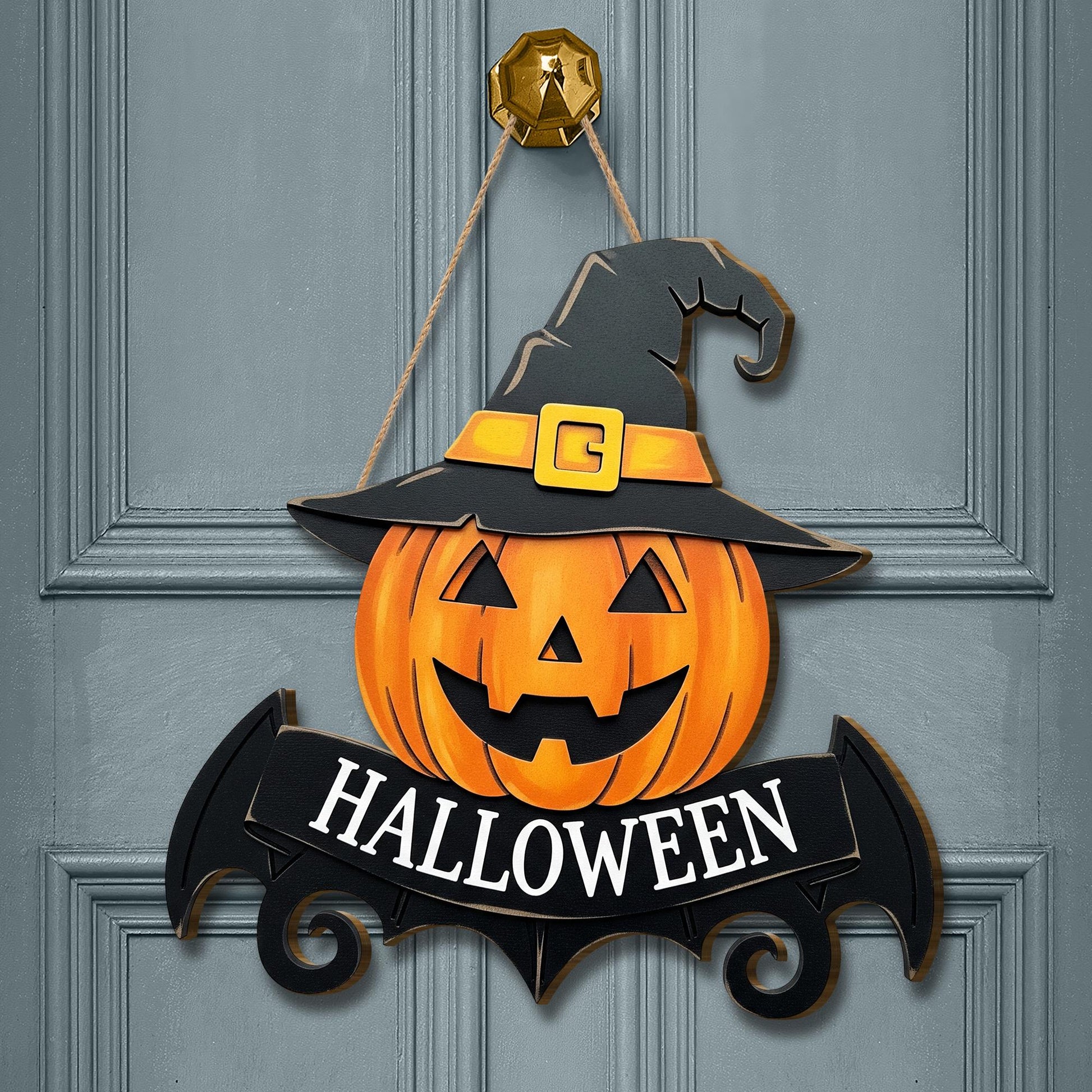 Halloween Pumpkin Door Hanger, Jack O' Lantern Wood Sign, Spooky Front Door Decor with Witch Hat, Fall Porch Decoration