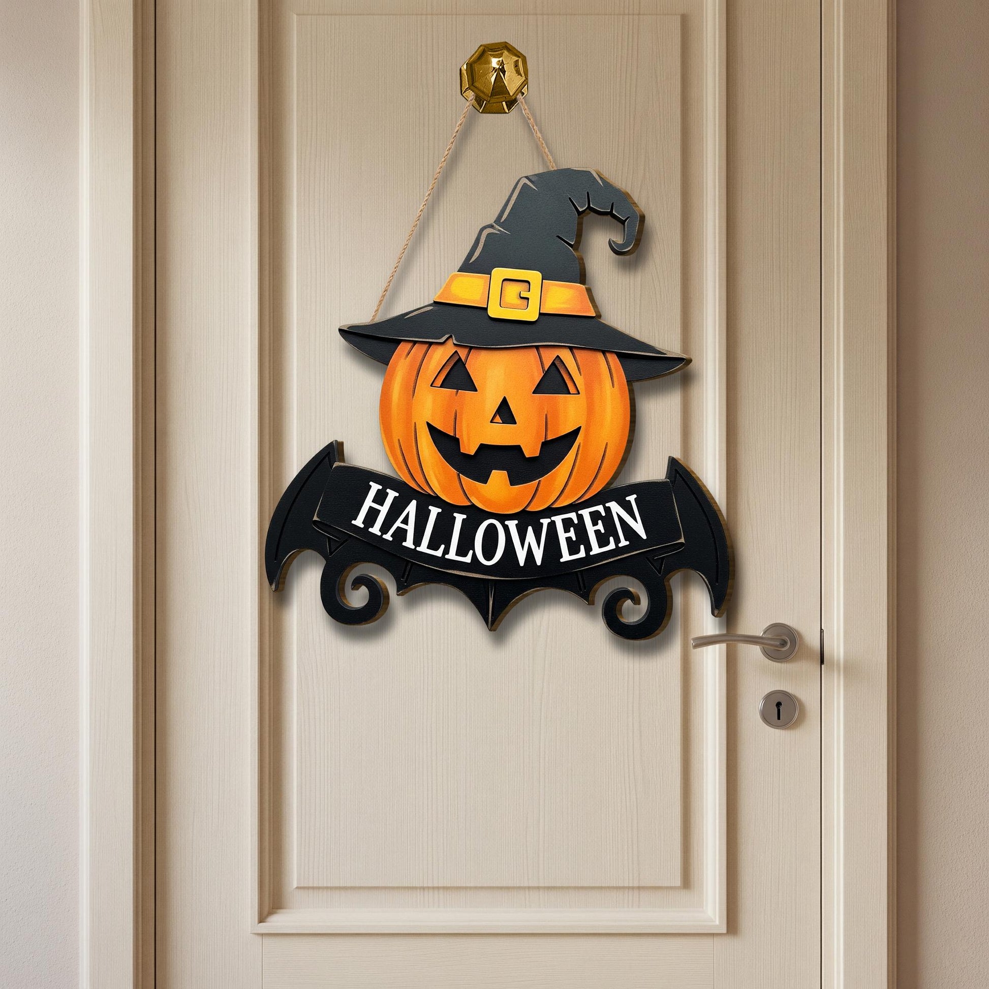 Halloween Pumpkin Door Hanger, Jack O' Lantern Wood Sign, Spooky Front Door Decor with Witch Hat, Fall Porch Decoration